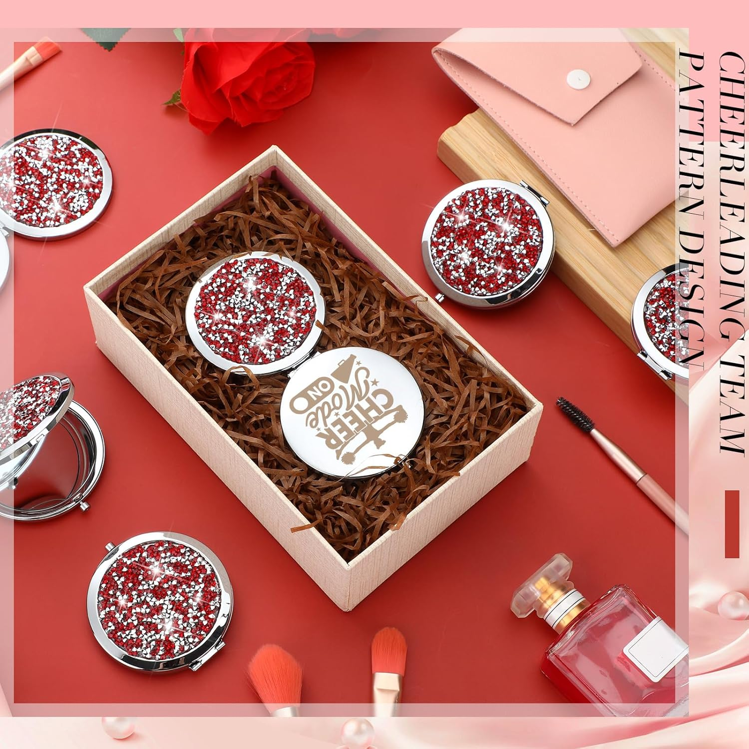 Sintuff 12 Pcs Cheer Gifts for Cheerleaders Cheerleading Compact Mirror Bulk Cheer for Coach Cheerleader Gifts Folding Pocket Cosmetic Purse Mirror for Cheer Team Mirror Accessories (Red, Silver) - Red, Silver image number 4