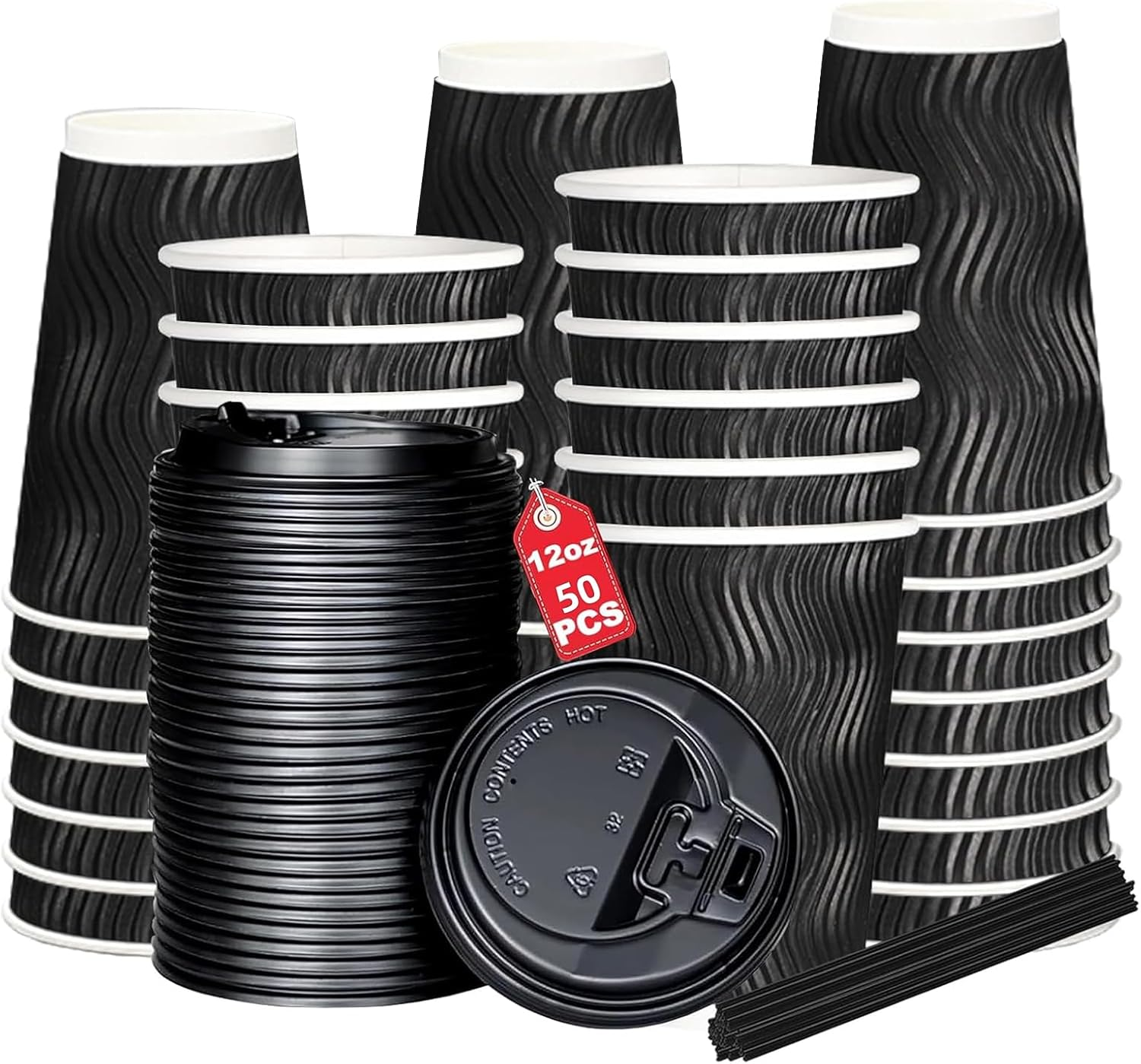 TNGAMFGT 12Oz Ripple Wall Paper Cups,100 Pcs Disposable Paper Coffee Cups with Lids,Hot Drinks, Cold Drinks, Juice Tea，Ideal for Home, Parties, Weddings（12Oz，100 Pack，Black）