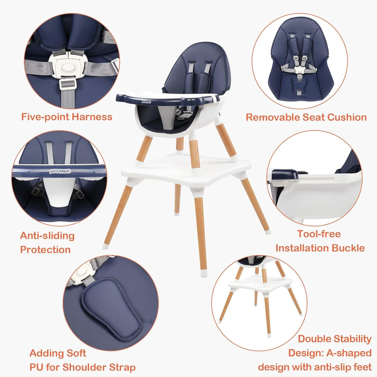 Baby High Chair, 5 In1 Convertible Table and Chair Set for Babies and Toddlers, Wooden Infant Eating Highchair with Leather Seat Cushion, 4-Position Removeable & Adjustable Tray image number 2