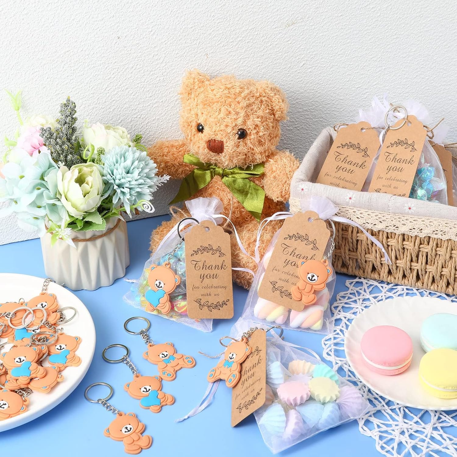 120 Pcs Bear Baby Shower Favors Bear Party Favors, Cute Keychain with Organza Bags Thank You Kraft Tags and Rope for Guests Girls Boys Birthday Party Supplies Decorations (Blue, Cute) image number 1