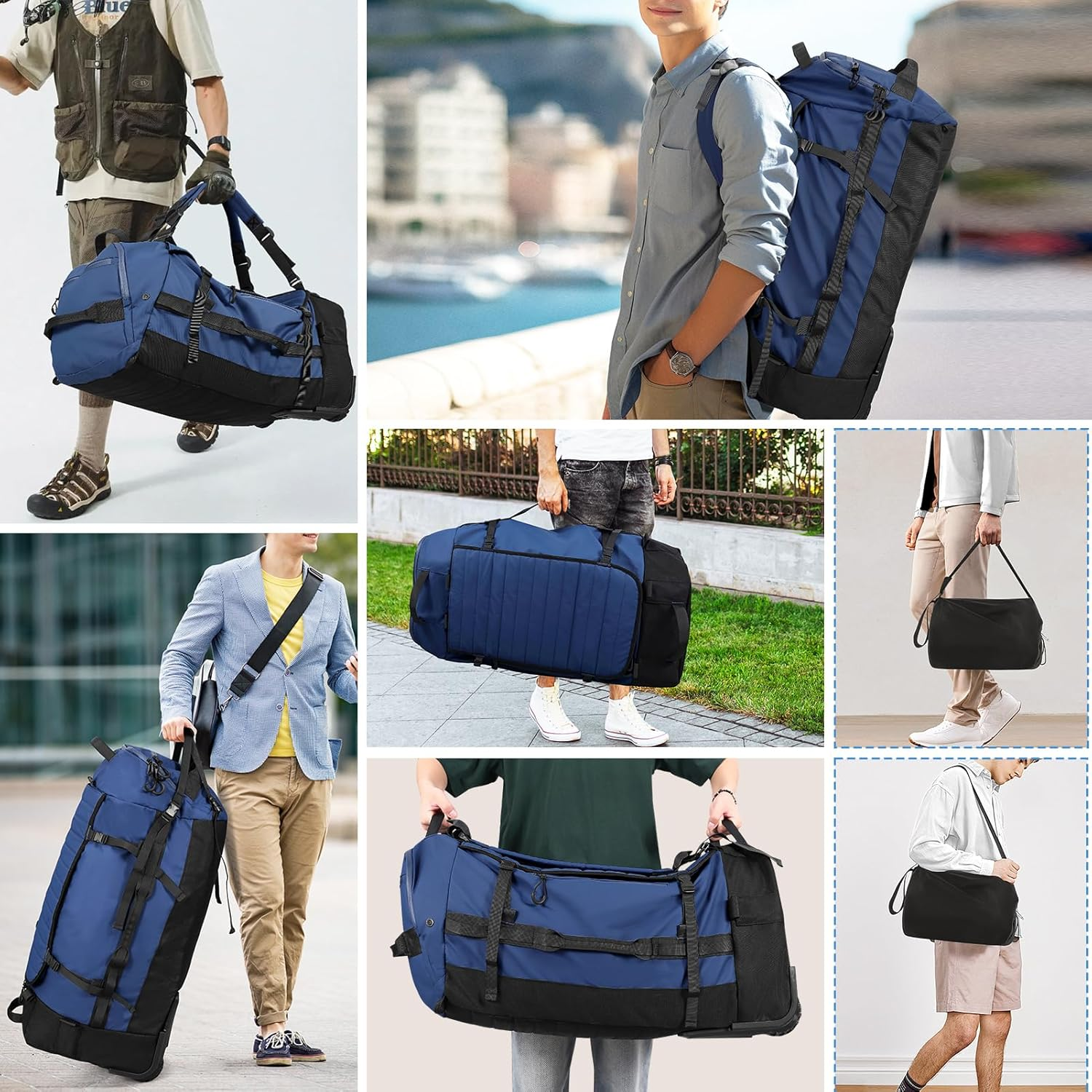 CONTAIL 86L Foldable Wheeled Duffel Backpack with Padded Quilted Bottom, Waterproof Collapsible Travel Duffle Bag with Extended Web Handles, Navy, Litle, Expandable Luggage with Spinner Wheels