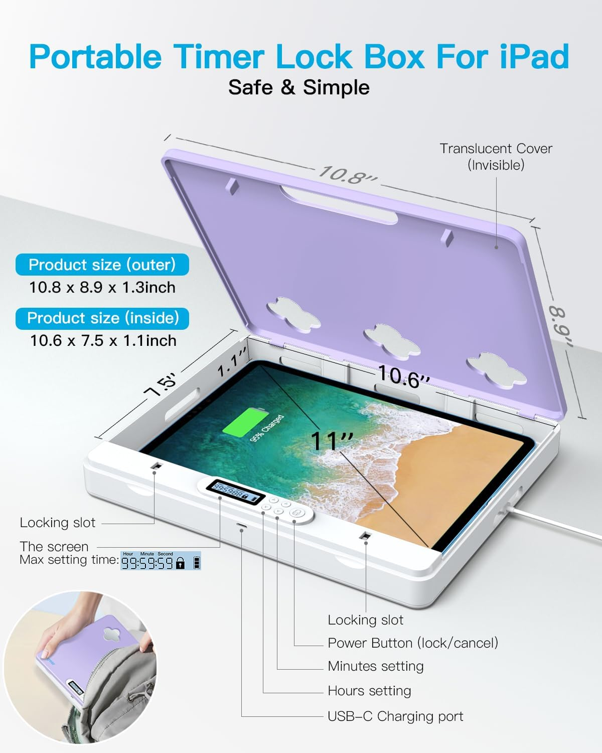 Dayear Phone/Pad Timer Lock Box, Self-Control Safe Lock Box for Ipad/Tablet/Tv Controller - Timed Locker to Help Kids, Students, Adults Lock Away Addiction/Temptation (Purple) image number 5