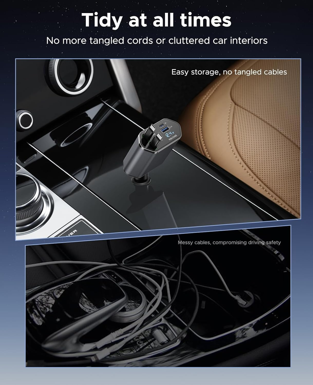 Retractable Car Charger, 4 in 1 Fast Car Phone Charger, Double Type C Retractable Cables and 2 USB Ports Car Charger Adapter Compatible with Iphone 15/14/13/12/11 Pro Max, Galaxy, Google Pixel image number 5