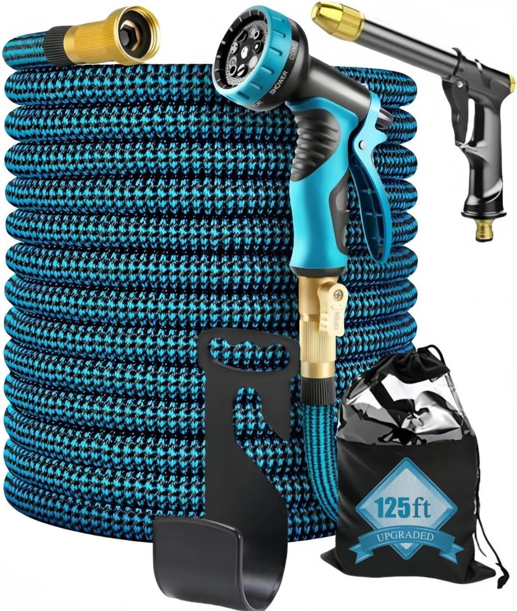 Cyperever 125Ft Expandable Garden Hose with 10-Pattern Nozzle High-Pressure Black Spray Gun, 3/4" Brass Connector & Storage Bag, Retractable Water Hose High Pressure for Car Wash Lawn Watering (Blue) image number 4