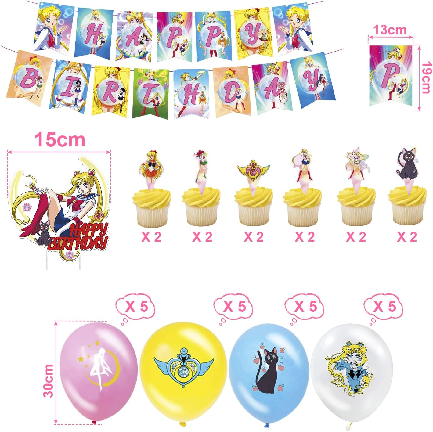 Sailor Moon Birthday Party Decoration Set - 34 Pieces Including Balloons, Happy Birthday Banner, Cake and Cupcake Decorations for Children'S Theme Party image number 1