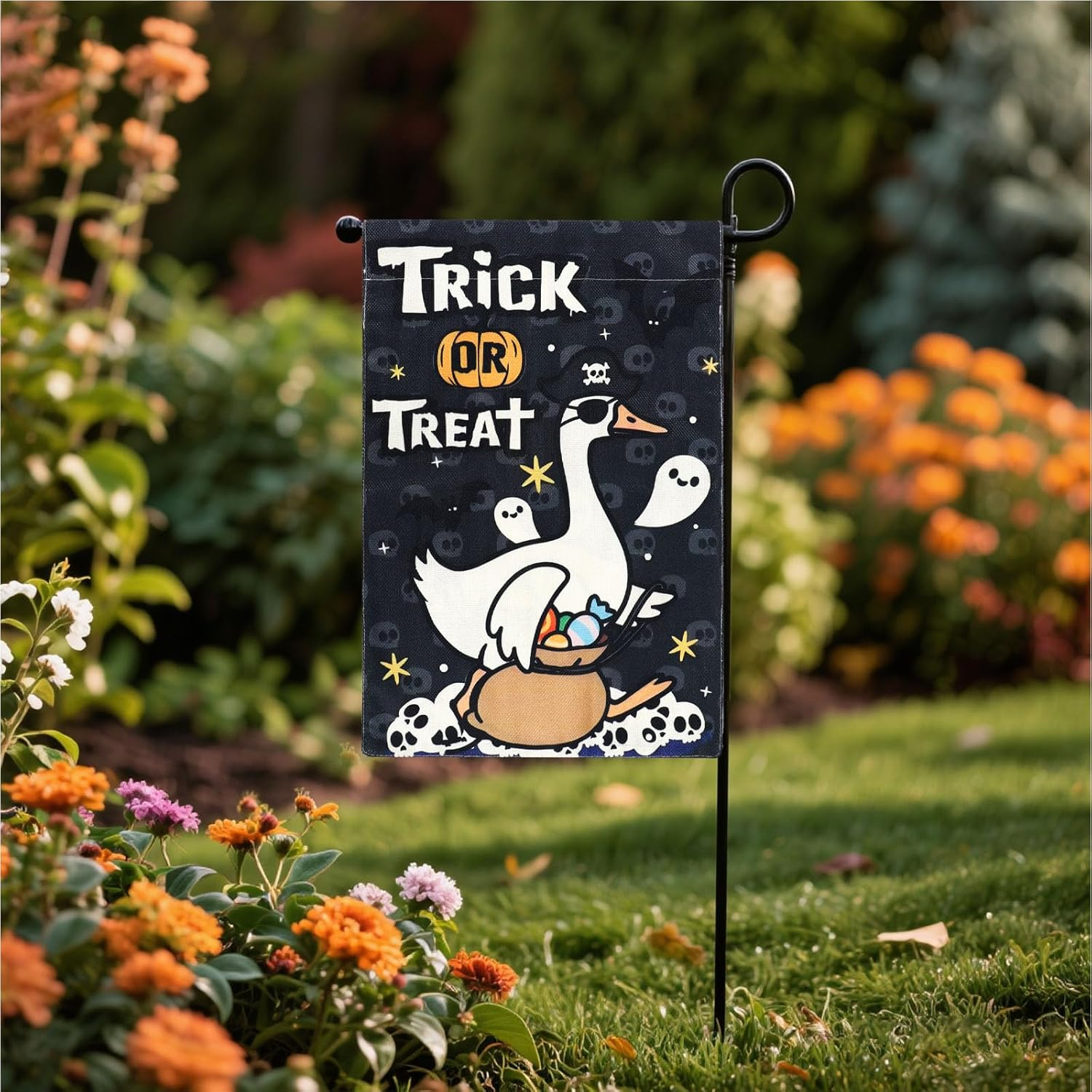 Halloween Garden Flag, 12X18 Inch Funny Trick-Or-Treat Halloween Goose Flag Colorful Double Sided Garden Decorations for Party Holiday Outdoor Yard Home Decor image number 2