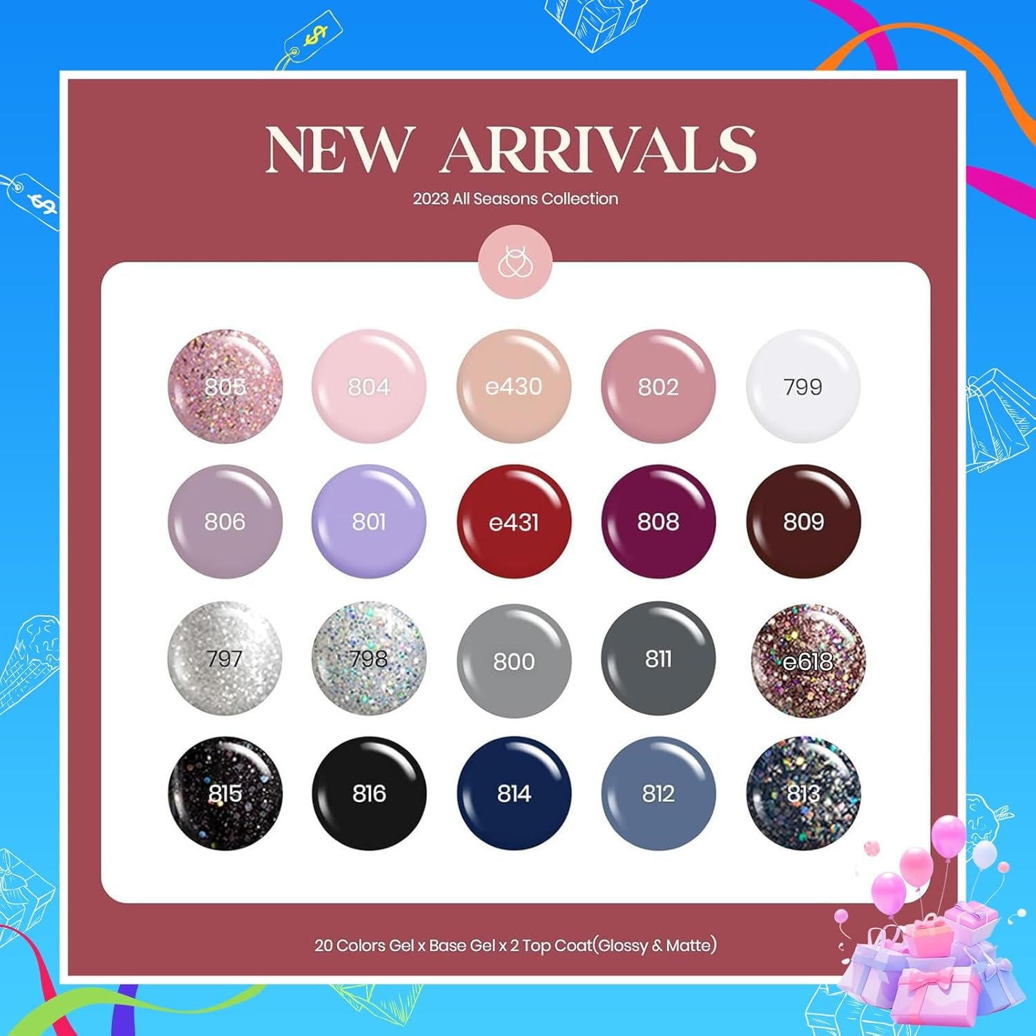 Beetles 20 Pcs Gel Nail Polish Kit, Modern Muse Collection Nude Gray Pink Blue Glitter Gel Polish with Glossy & Matte Top Gel Base Coat Soak off LED Gel image number 2