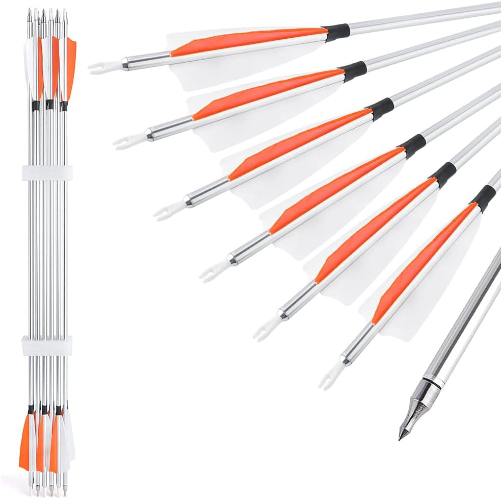 ZSHJGJR 31" Archery Aluminum Arrows 500 Spine Hunting Arrows with Removable Tips Natural Feather Fletchings Targeting Arrows for Compound & Recurve Bow 6/12 Pack