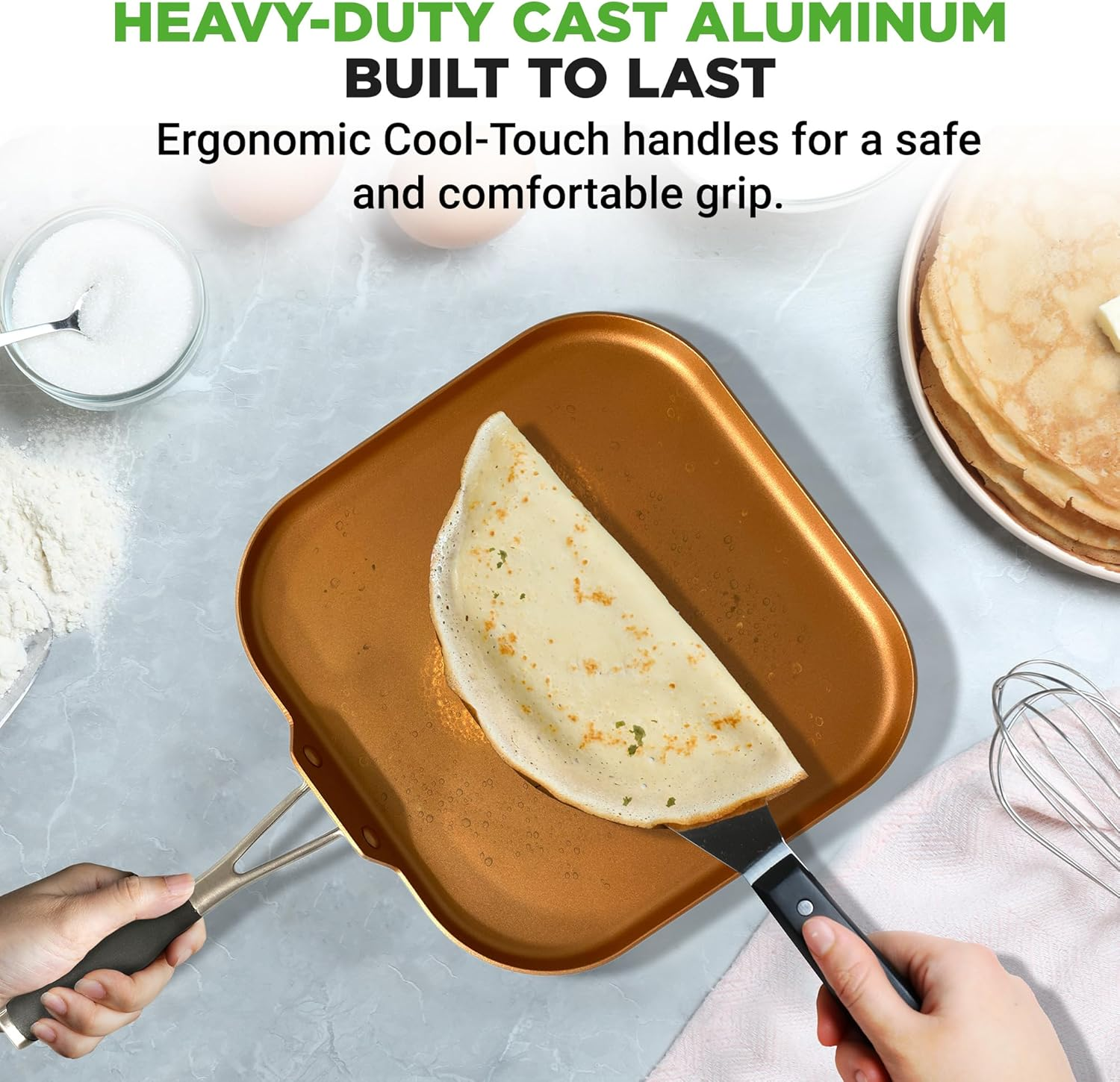 Nutrichef Nonstick Kitchen Cookware Set Copper Non-Stick Coating Inside, Hard-Anodized Look Heat Resistant Lacquer Outside, Silicone Handle NCSQPA, 1 Griddle