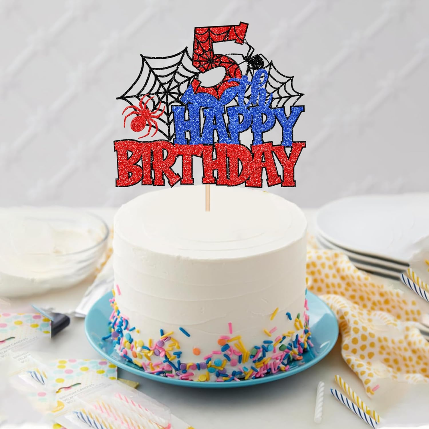 SYKYCTCY 1 Pack Spider Happy 5Th Birthday Cake Topper Glitter Spooky Party Cake Picks for Spider Theme 5Th Birthday Baby Shower Boys Girls Kids Party Supplies image number 1
