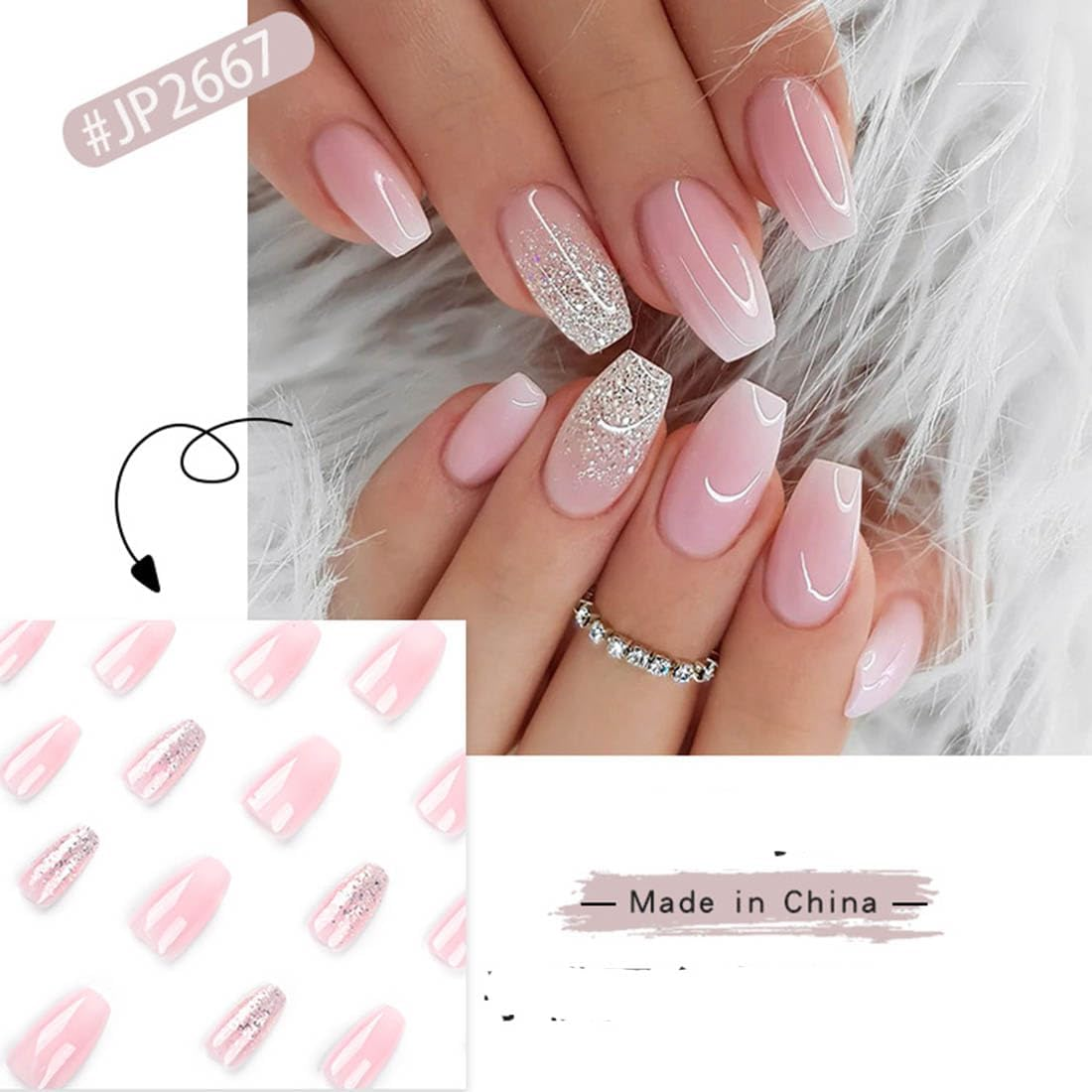 Resweky Coffin Long False Nails Pack of 24 French Sequin Print on Nails Glitter Pink False Nails Full Cover Acrylic Nails for Women and Girls image number 5