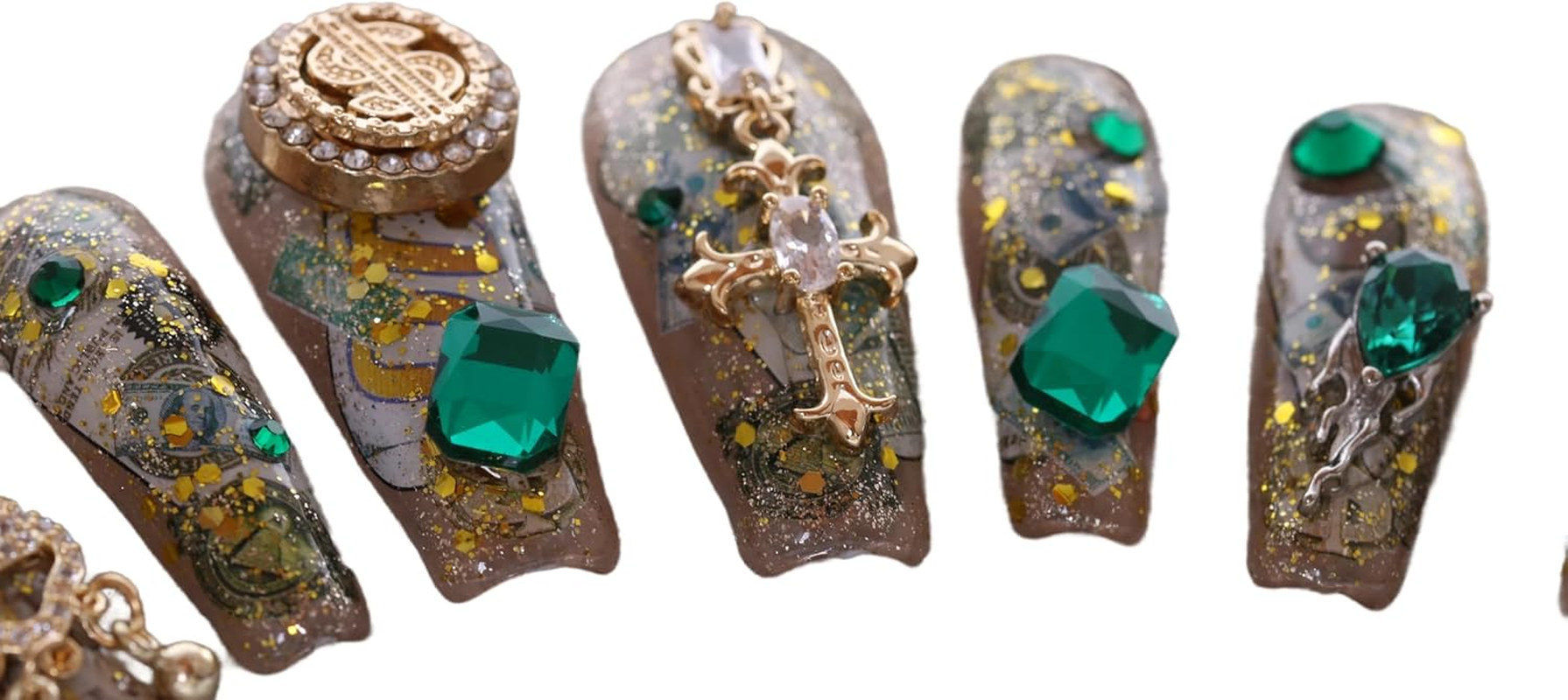 PN-029 Press-On Nails Lacquered Pack of 10 Reusable Artificial Premium Nails Dollar $ Chain Green Crystal Stones Gold Beige image number 2