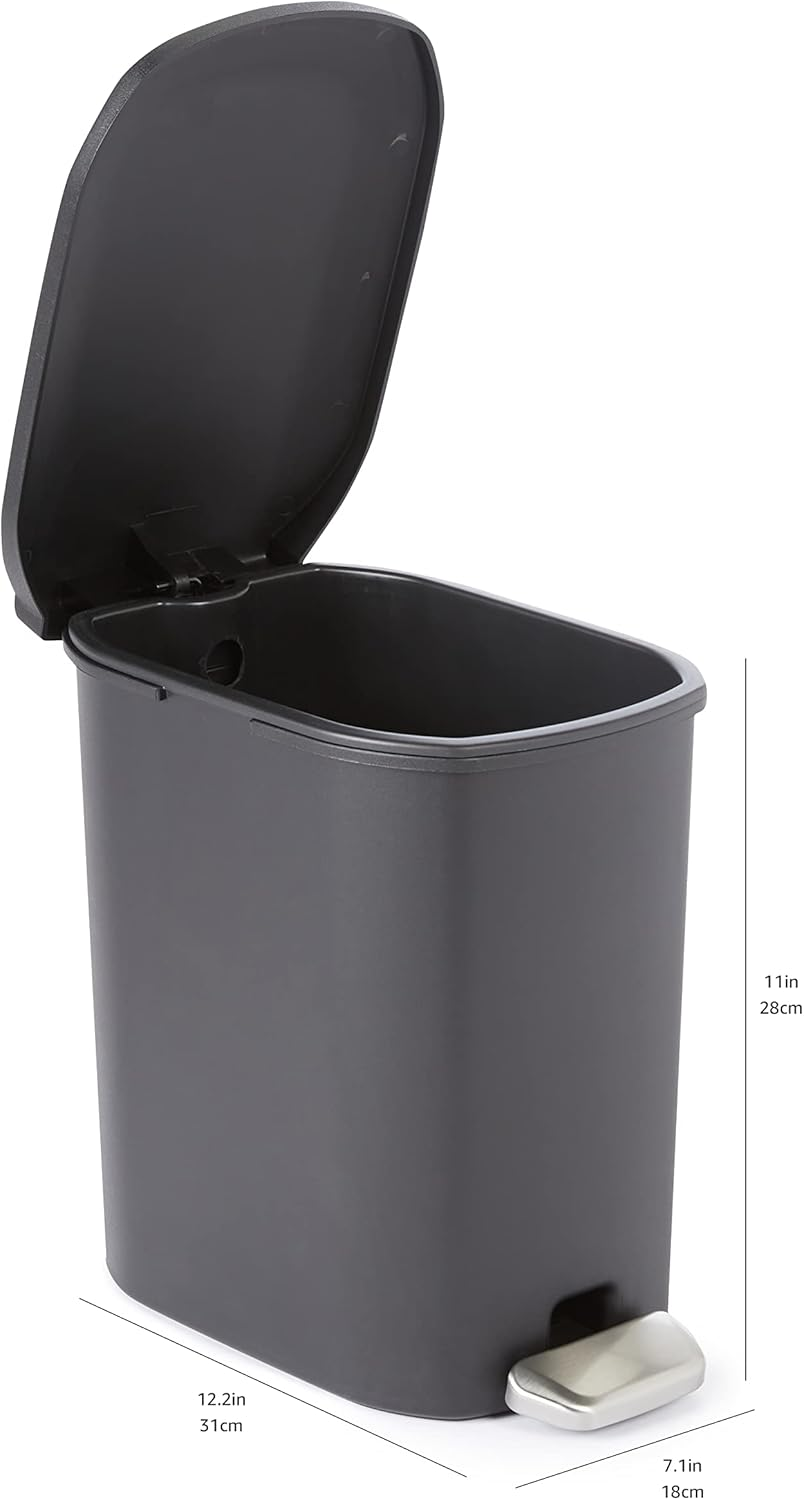 Amazon Basics Compact Bathroom Small Plastic Rectangular Trash Can with Removable Inner Bucket, Steel Foot Pedal for Hands Free Opening, Black, 6 Liters image number 6