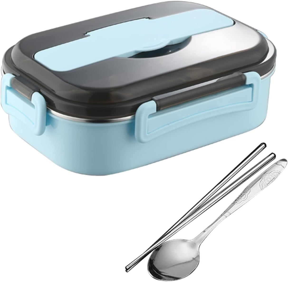 Yharnamite Thermal Lunch Box, 2-Compartment Stainless Steel Keep Warm Lunch Box Portable Leakproof Insulated Lunch Box with Cutlery Holder for Students, Office Workers, Travel (Blue)