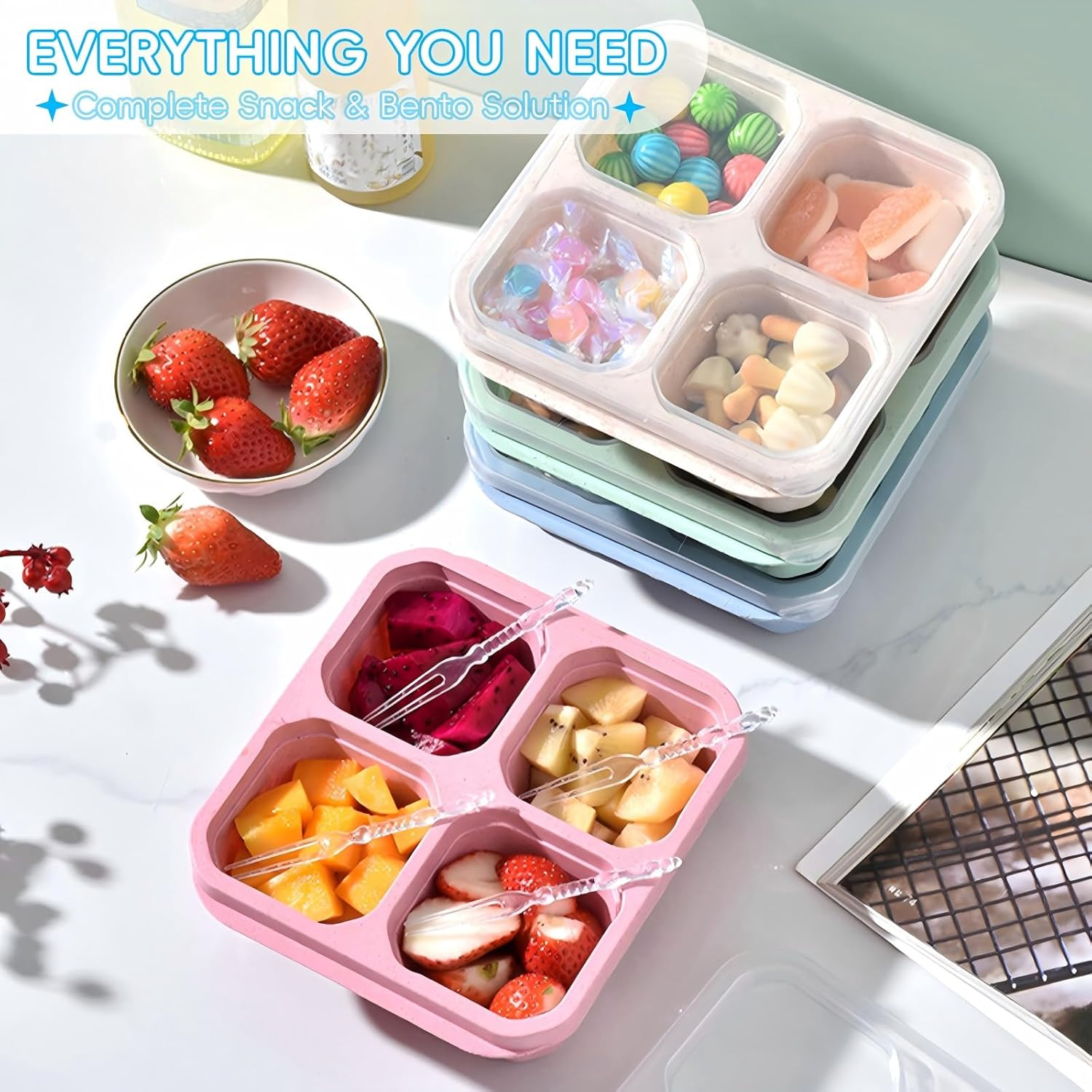 4 Pack Reusable Bento Snack Box, 4 Compartments Meal Prep Lunch Containers for Kids Adults, Containers with Transparent Lids for School, Work and Travel image number 5