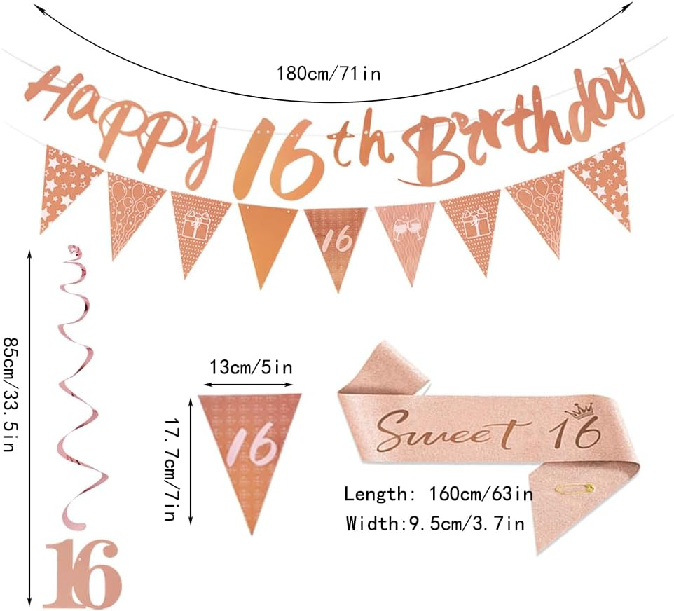 Happy 16Th Birthday Party Supplies for Women Girls,Rose Gold Happy 16Th Birthday Banner Bunting,Triangle Banner Flag Sash Hanging Swirls Streamers for Women Birthday Party Decoration (16Th) image number 1