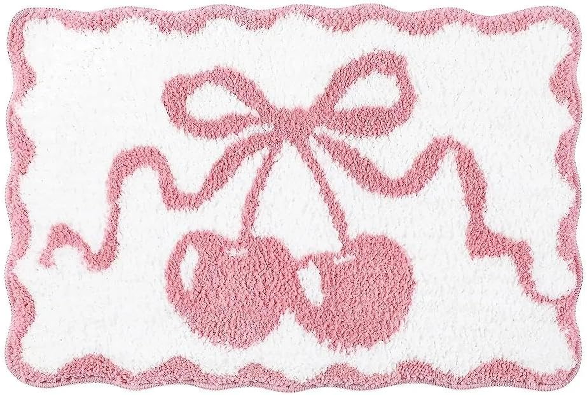 Cherry Bathmat, Non-Slip Bath Mat with Pink Cherry Design, Fluffy Faux Cashmere Bath Rug, Absorbent Pink Bath Mat for Bathroom & Kitchen, Machine Washable image number 5