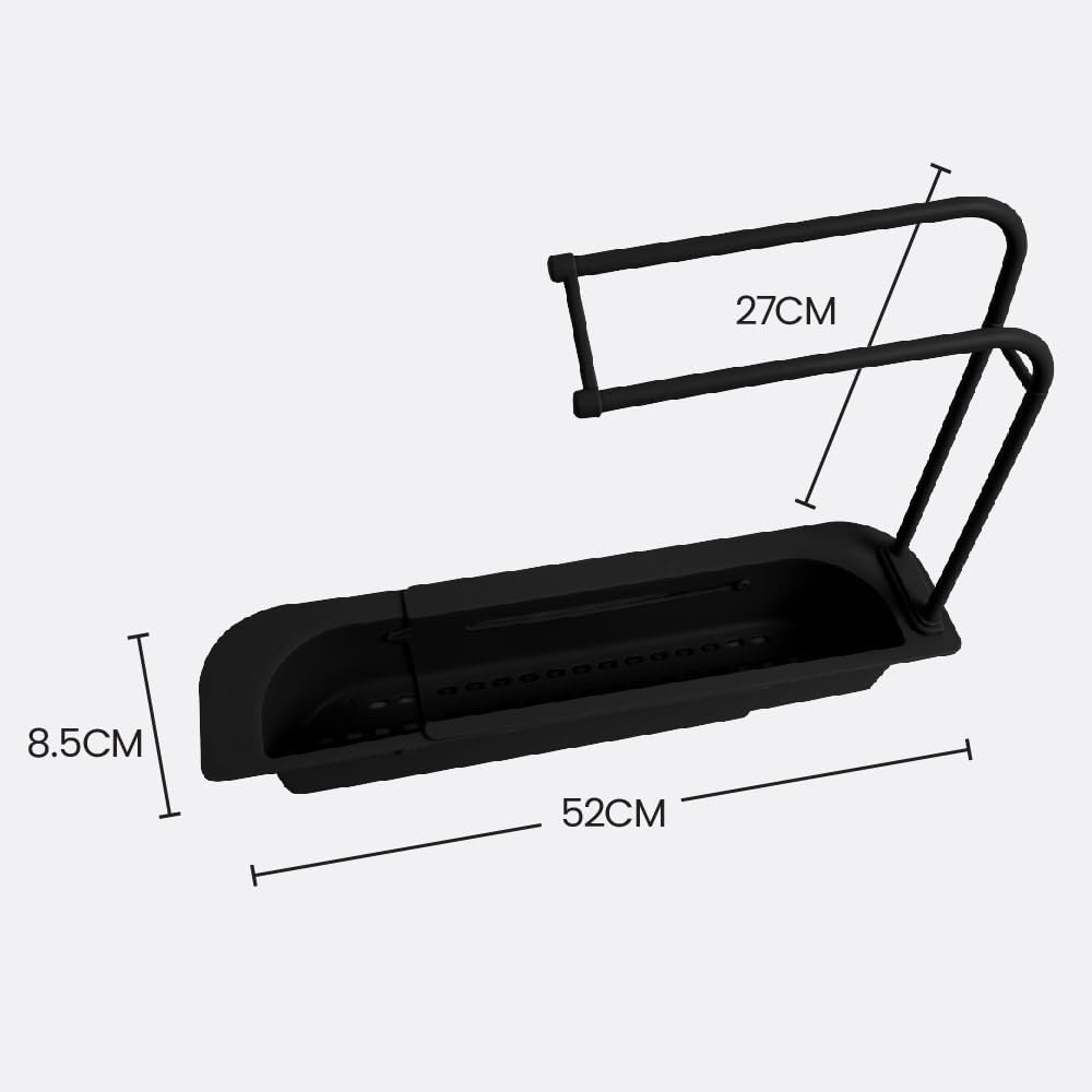 White Magic Sink Organiser Black - Adjustable 36-50Cm, Rust-Free with Recessed Compartments, Towel Bar, and Drainage for Dry, Clutter-Free Sink Storage. Easy to Assemble, Clean, and Built to Last