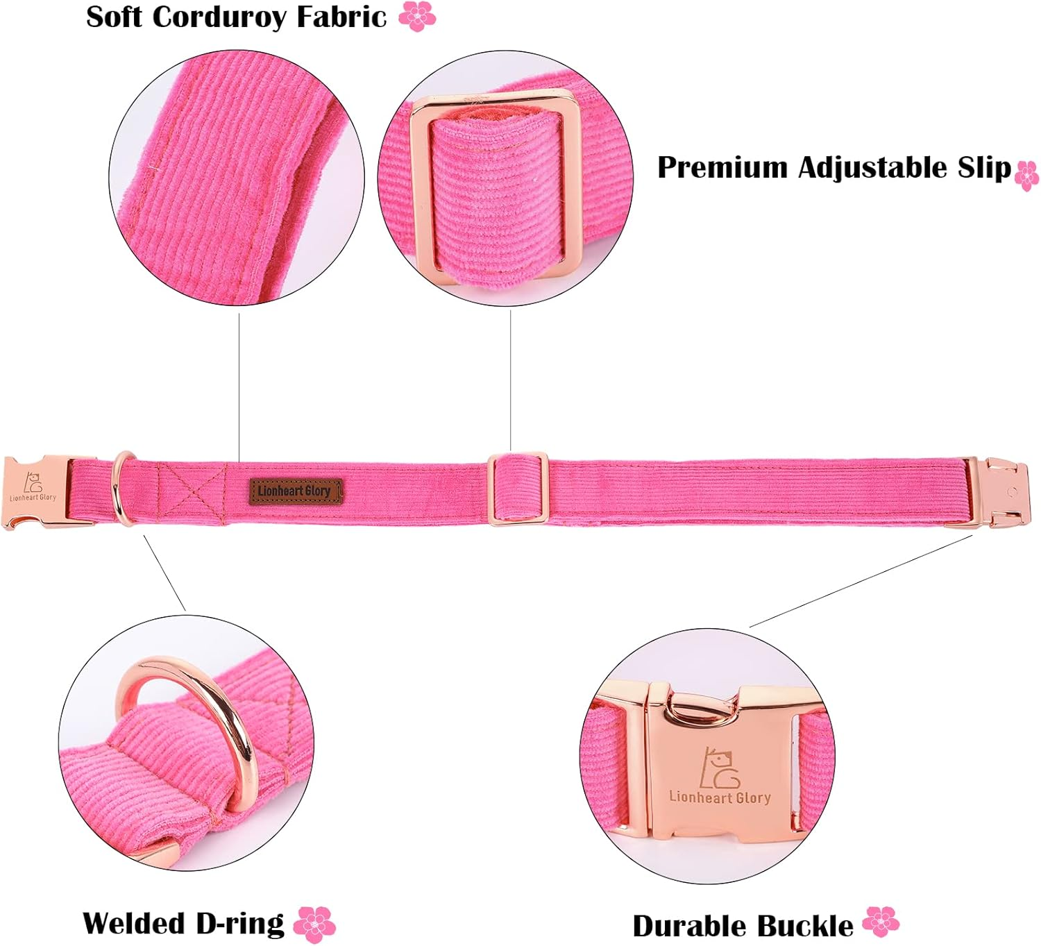 Lionheart Glory Pink Dog Collar, Corduroy Dog Collar with Bow, Pet Soft and Comfy Bow Tie Collar Adjustable Dog Collar for Small Medium Large Dogs image number 6