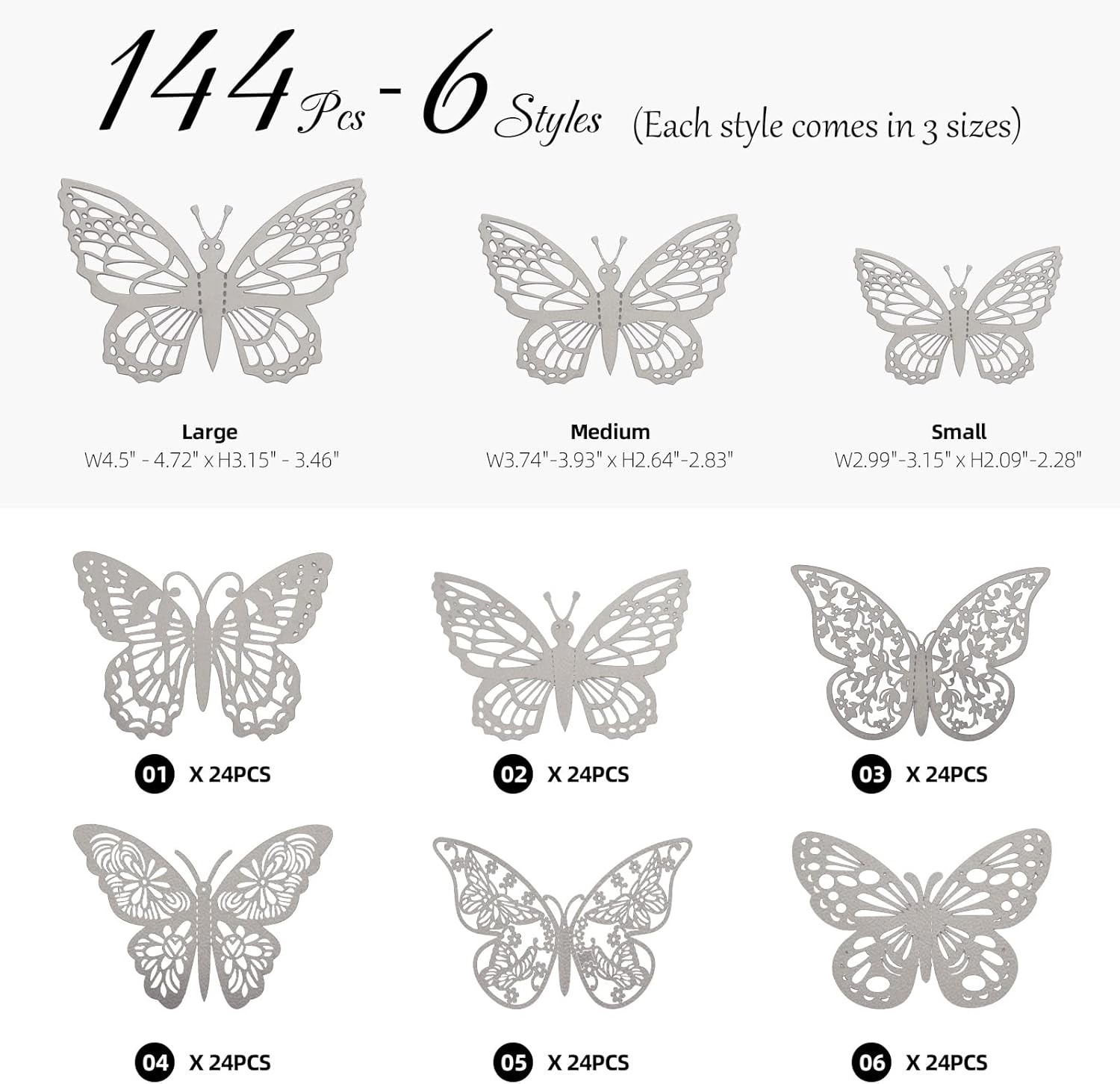 144 Pcs 3D Butterfly Wall Stickers Decor 6 Styles 3 Sizes, Silver Butterfly Cake Decorations Removable Butterfly Decals Room Wall Decor for Kids Nursery Classroom, Wedding, Party, Baby Shower - Rose Gold image number 2
