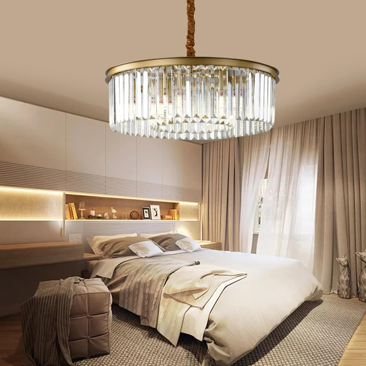 Modern Black Crystal Chandelier Ceiling Light, Semi Flush Mount 5 Lights 2 Tier Crystal round Chandelier Light for Bedroom, Living Room, Dining Room,23.6In,Black image number 4