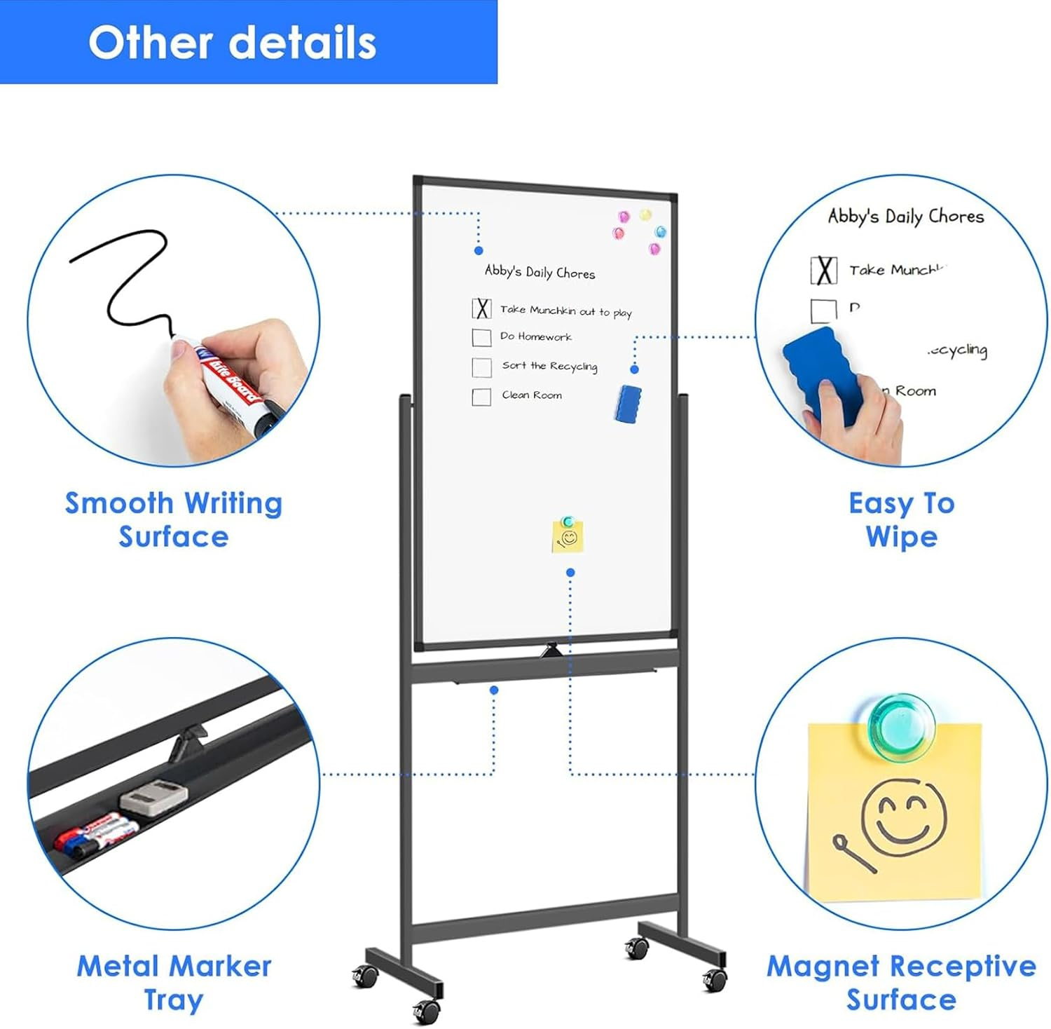 60X100Cm Magnetic Mobile White Board, Double Sided Dry Erase Board Rolling Whiteboard, Standing Whiteboard on Wheels for Home Office Classroom & Home, Black image number 2