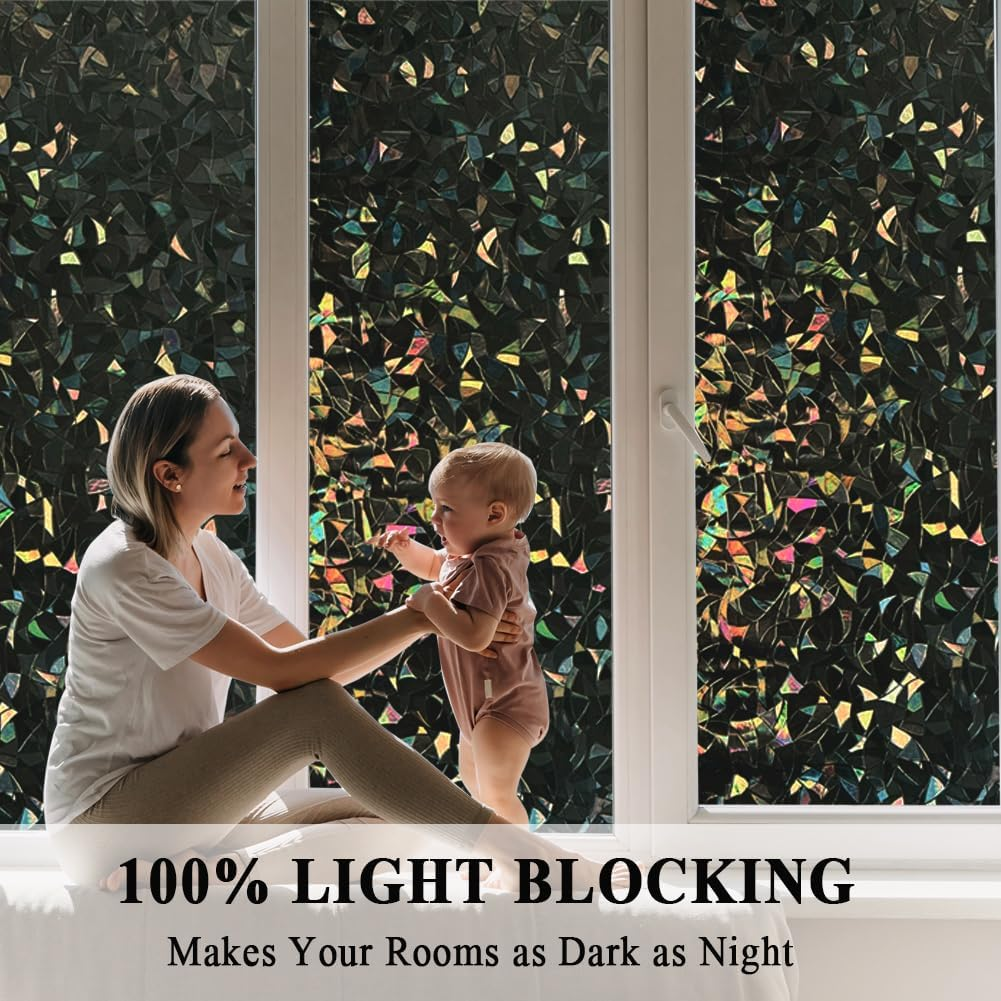 100% Light Blocking Blackout 3D Prism Privacy Window Film Room Darkening Glass Door Tint,Rainbow Effect Static Cling Heat Control anti UV for Home and Office,35 Inches by 78.7 Inches image number 6