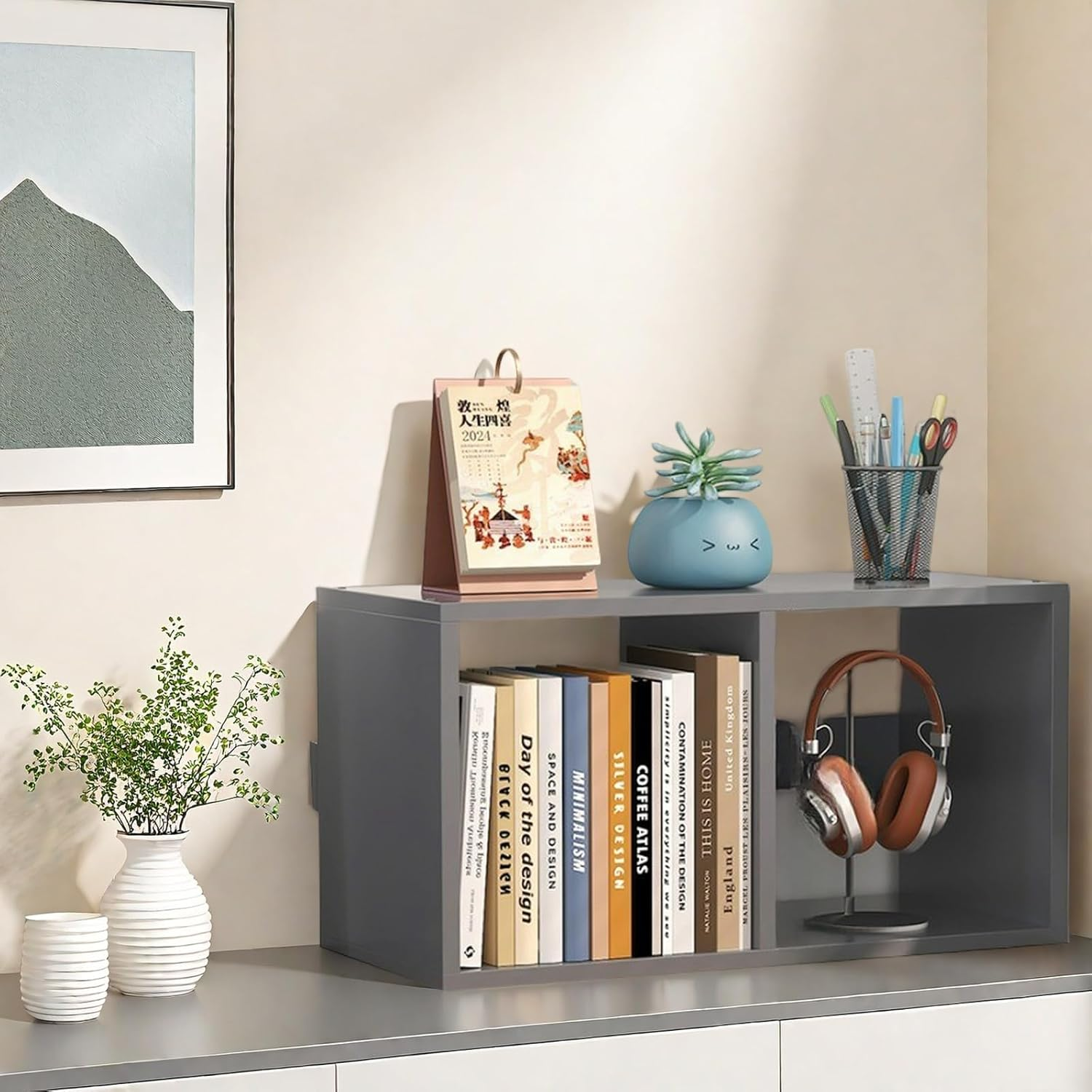 Desktop Organiser Wooden Bookshelf, Office Desk Display Shelf Unit, Book Storage Bookcase, Books Shelves A273 (Grey)