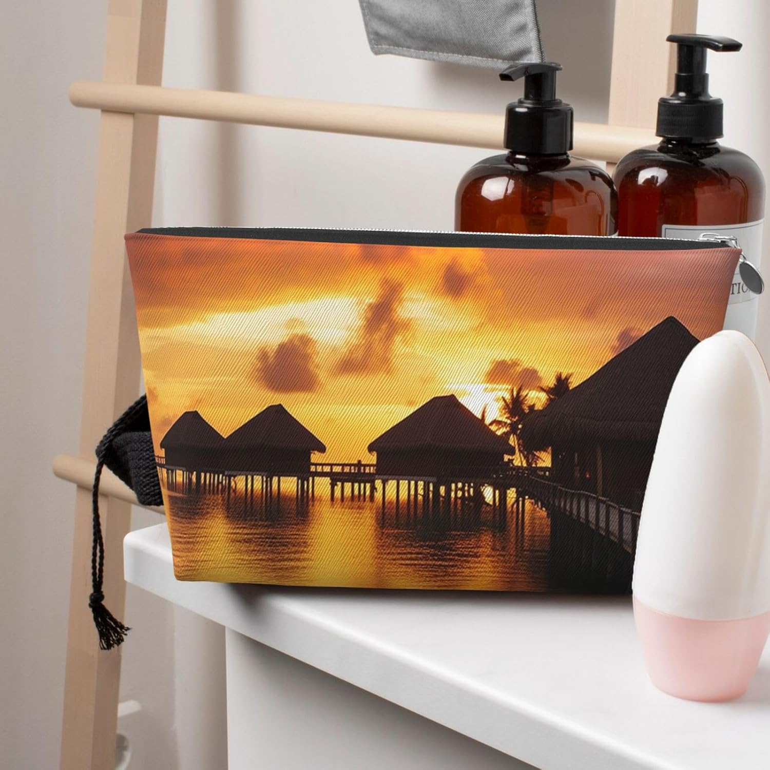 SDTYKHJ Large Capacity Makeup Bag for Women, Waterproof Portable Shaving Bag, Small Toiletry Bag, Tahiti Resort Sunset Leather, Travel Cosmetic Organizer Bags, Siliver, One Size image number 2