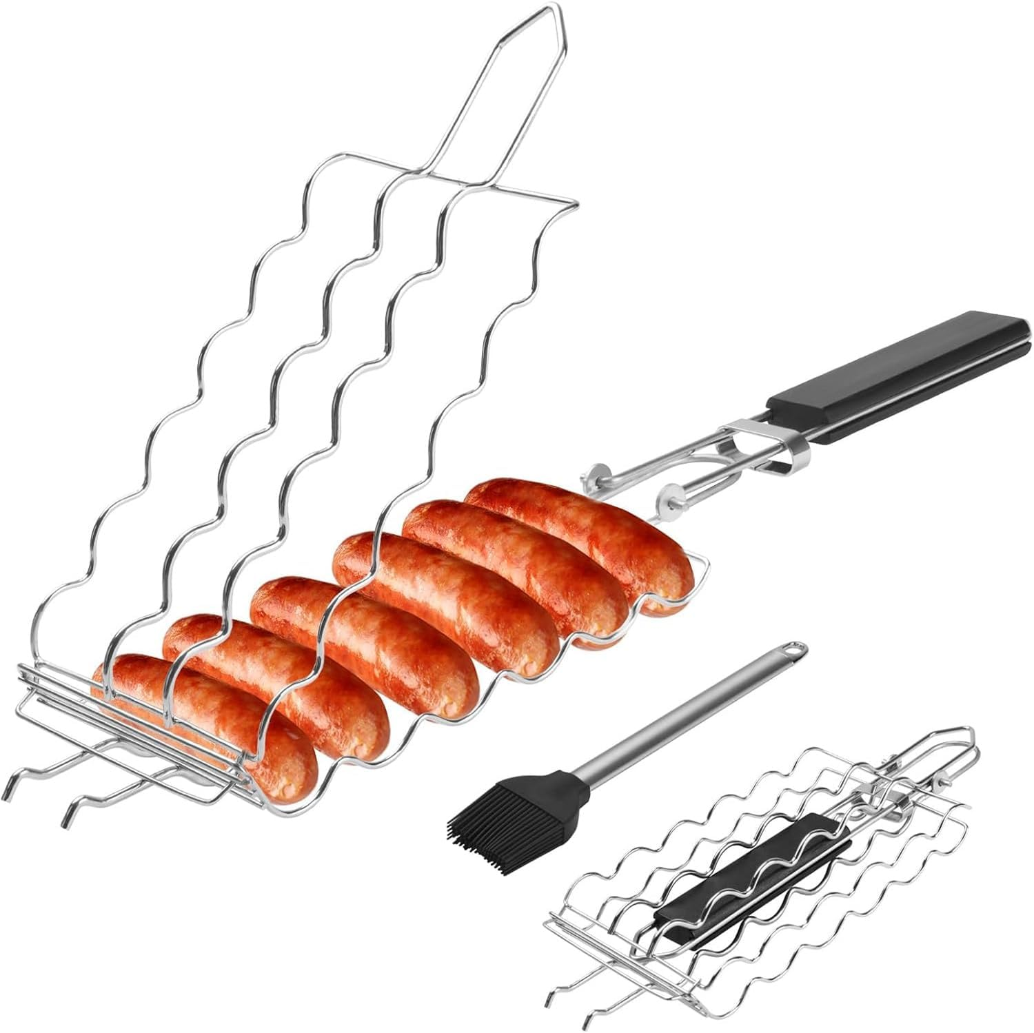 Hot Dog Holders for Grilling with Brush - 6 Hotdog Bbq Basket Stainless Steel Barbecue Mesh Clip，Removable Heat-Resistant Wooden Handle for Sausages, Steak, Vegetables Cooking, Easy to Clean & Store image number 2