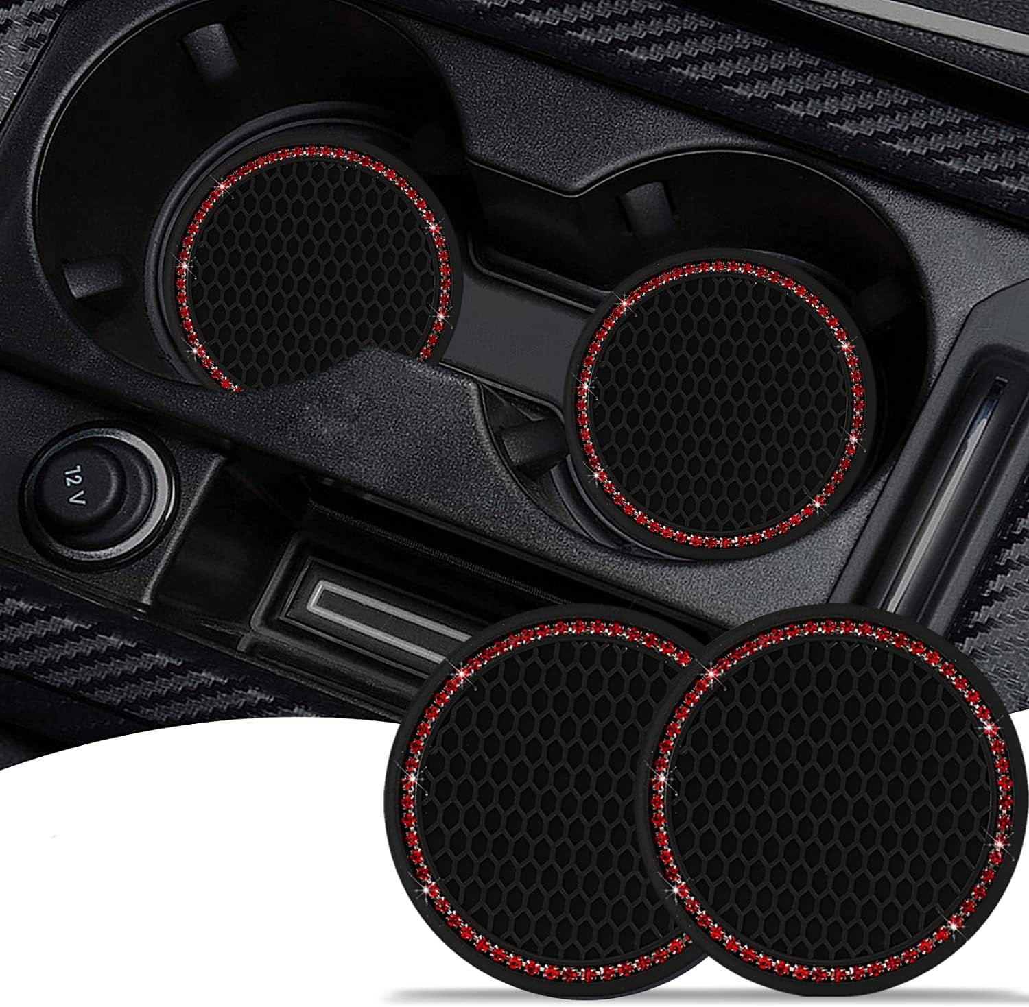 Gseigvee 2 Pack Bling Car Coasters for Cup Holders, Auto Universal Cup Holder Insert Coaster anti Slip Crystal Vehicle Interior Accessories Cup Mats for Women and Girls Red