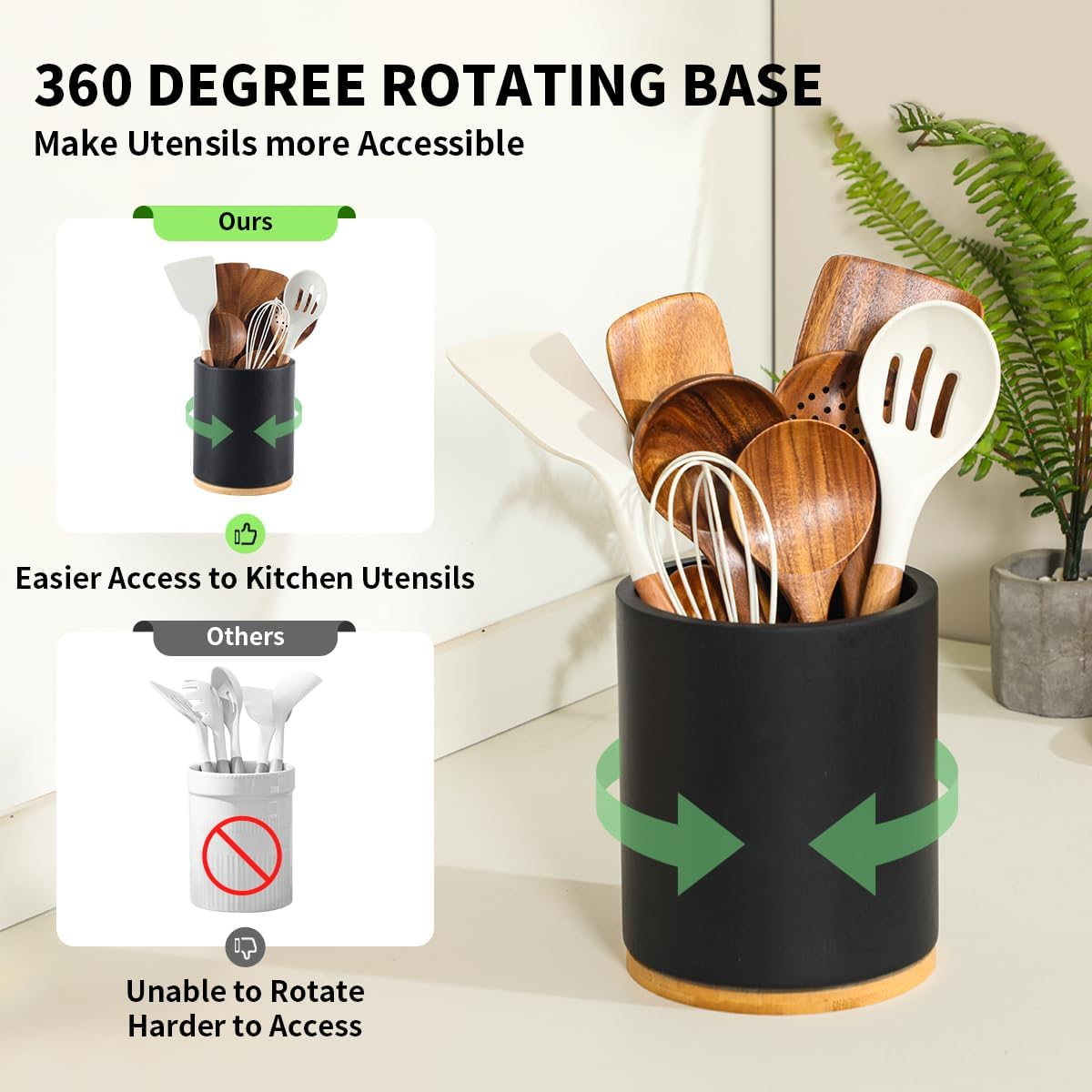Wooden Utensil Holder, 360&deg;Rotating 7.3'' Large Kitchen Utensil Holder for Kitchen Counter, Kitchen Utensil Organizer, Utensil Crock, Farmhouse Kitchen Countertop Decor, Black Color image number 4