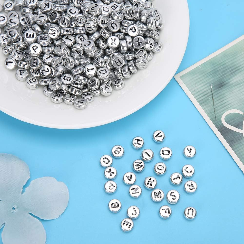 Folany 500Pcs Silver Acrylic round Letter Beads, A-Z Alphabet, Plastic, 4X7Mm, DIY Craft