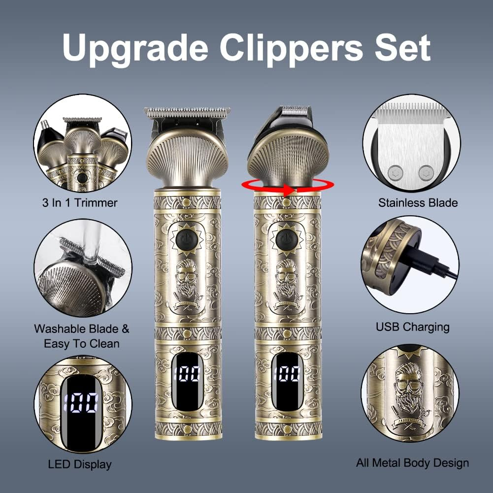 Hatteker Professional Hair Clipper and T-Blade Trimmer Set for Men, Cordless Rechargeable Barber Clipper Beard Nose Hair Trimmer Multipurpose Grooming Kit LED Display(Gold)