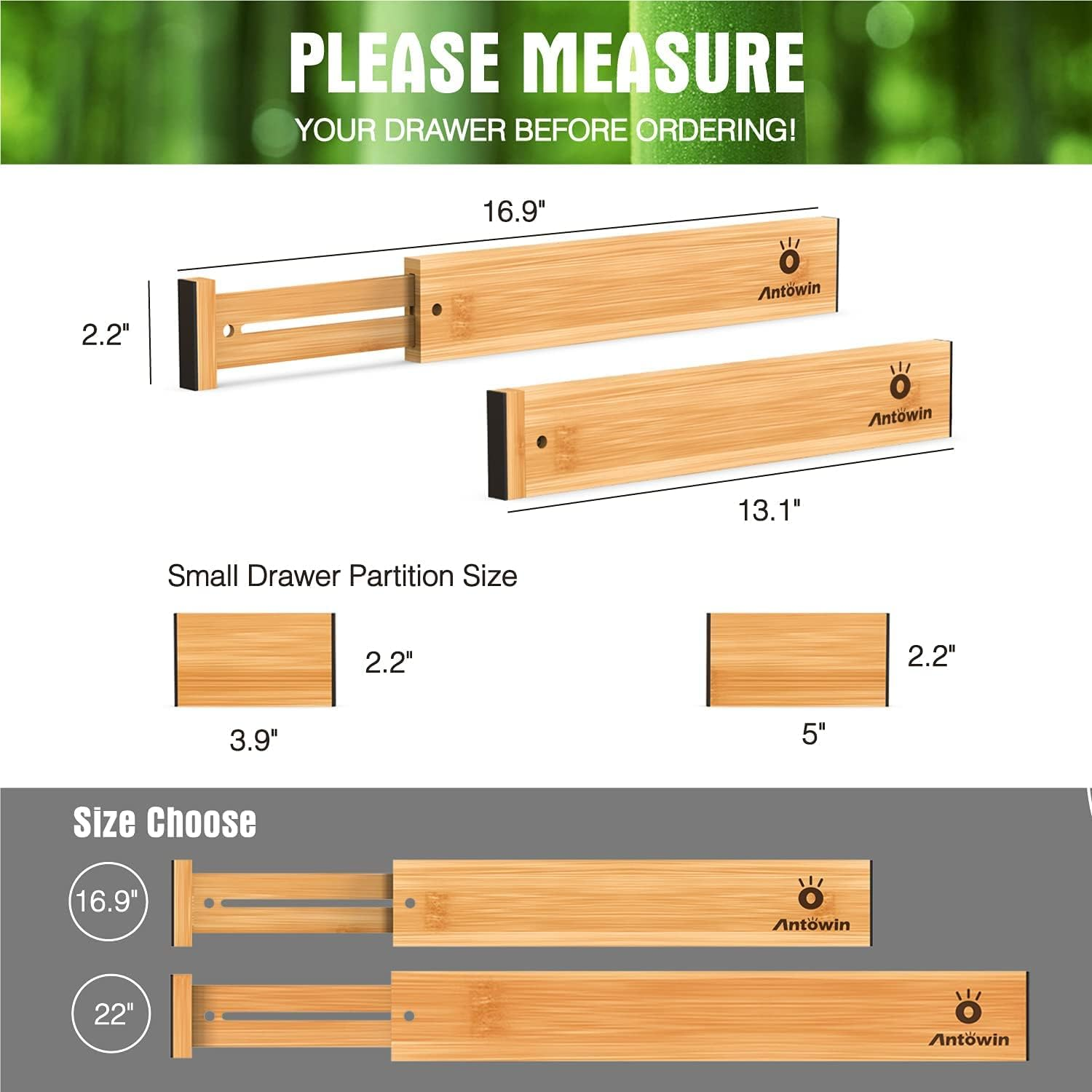 ANTOWIN Bamboo Drawer Dividers Organizers(33-43Cm), Drawer Separators Splitter, Adjustable Spring-Loaded Organizer for Large Utensil, Clothes, Tools Drawers image number 1