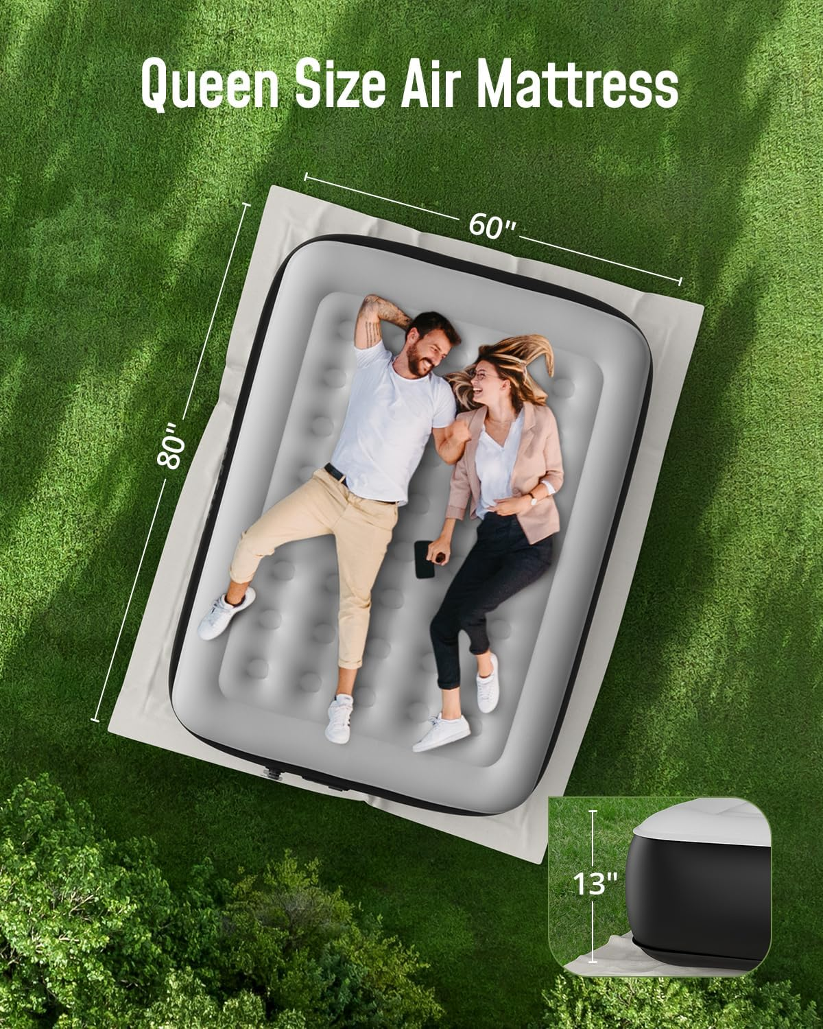 Airefina Queen Size Air Bed, Inflatable Bed with Built-In Pump, 3 Mins Quick Self-Inflation/Deflation Air Mattress, Comfortable Surface Blow up Bed for Home, Camping & Guests 203X152X33Cm 295Kg MAX image number 1