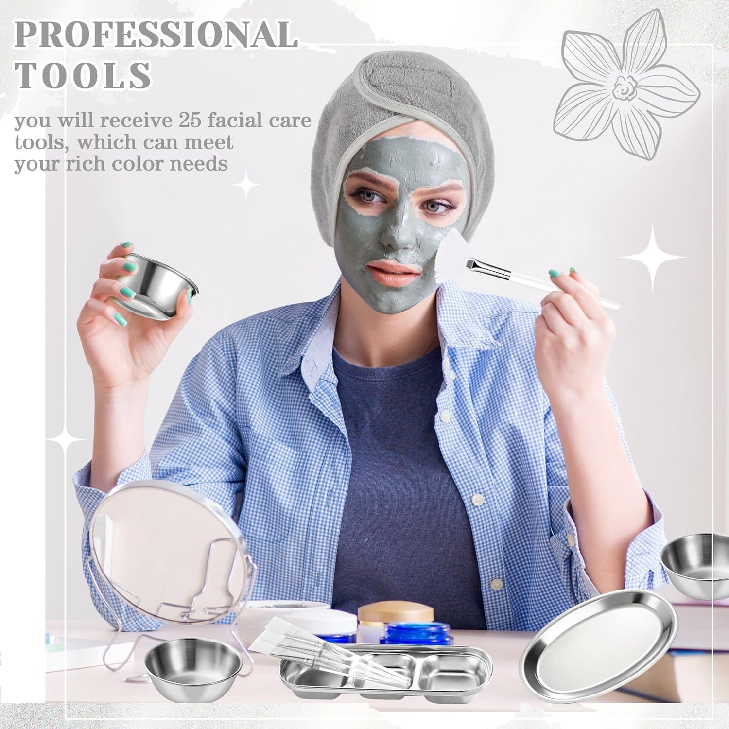 Lemonroad 25 Pcs Esthetician Facial Supplies Set, 3 Stainless Steel Mixing Bowls, 2 Serving Trays, 6 Brushes, 2 Hairbands, 12 Compressed Sponges for Women Facial Mask Spa Home Use (Silver) image number 4