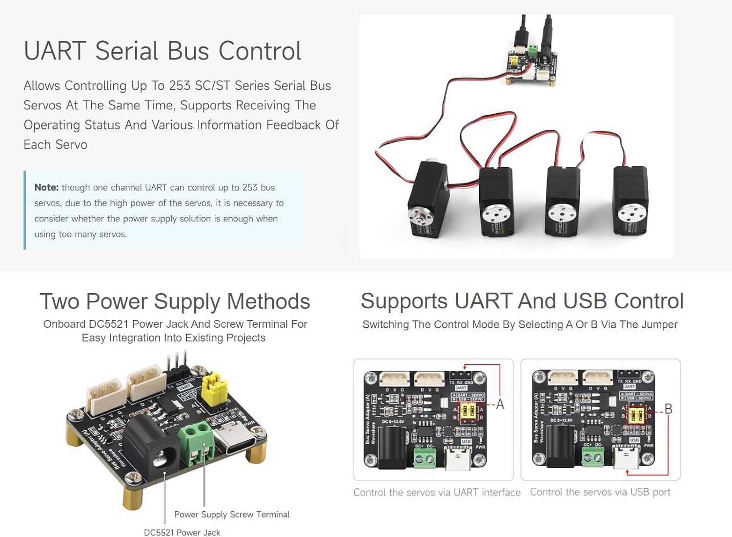 Waveshare ST/SC Serial Bus Servo Driver Board - Supports UART & USB Control, Powers up to 253 Servos, 42Mm X 33Mm, Mini ITX Motherboard