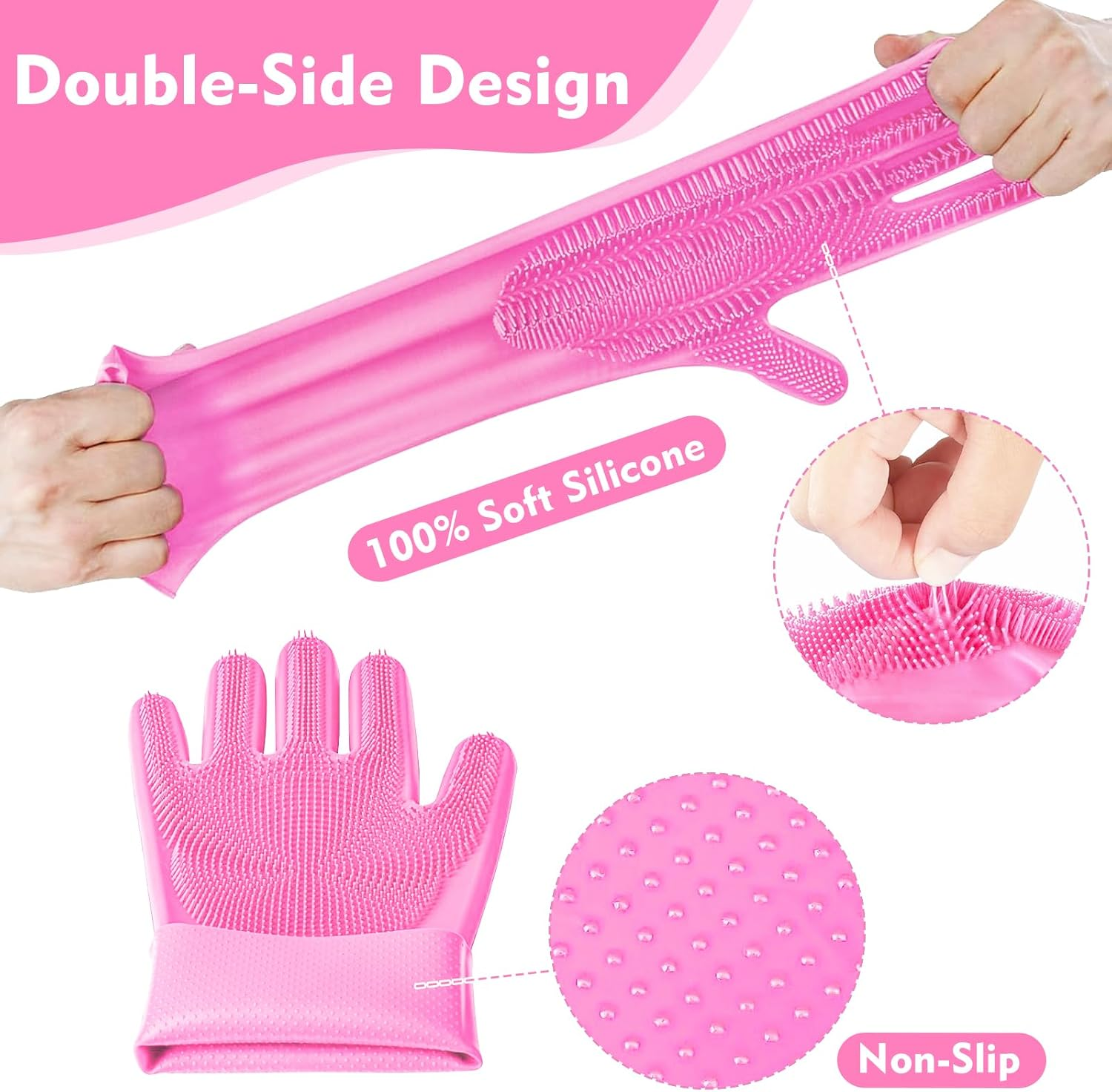 Pet Grooming Gloves for Dogs & Cats - Pink Massage Bathing Gloves, Gentle Hair Remover, Reusable & Waterproof Dog Cat Grooming Mitt for Washing, Shedding, Cleaning image number 1