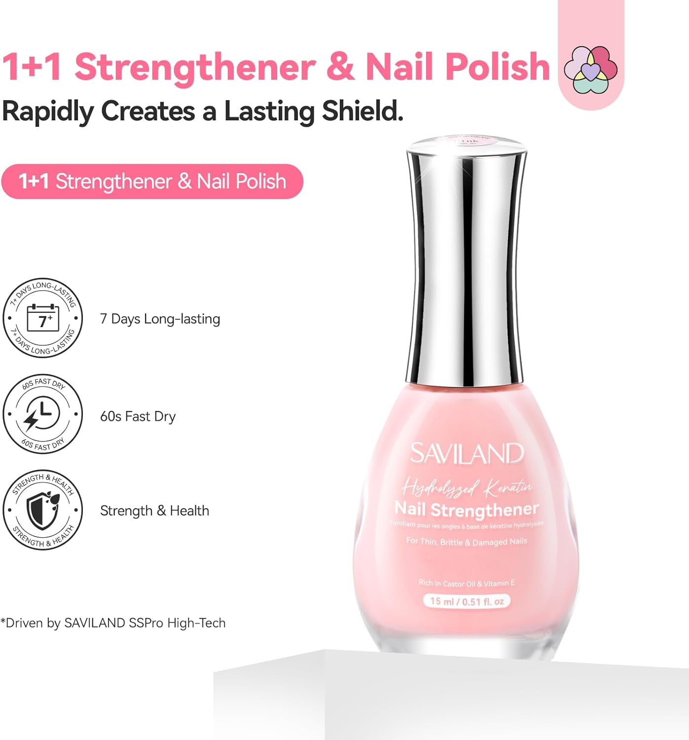SAVILAND 15Ml Advanced Nail Strengthener: Nail Polish Nail Hardener Foundation Polish Base Coat Air Dry Quick Dry 7-Day Nail Repair Pink Nail Care Oil for Weak Thin & Damaged Nails Gifts for Women