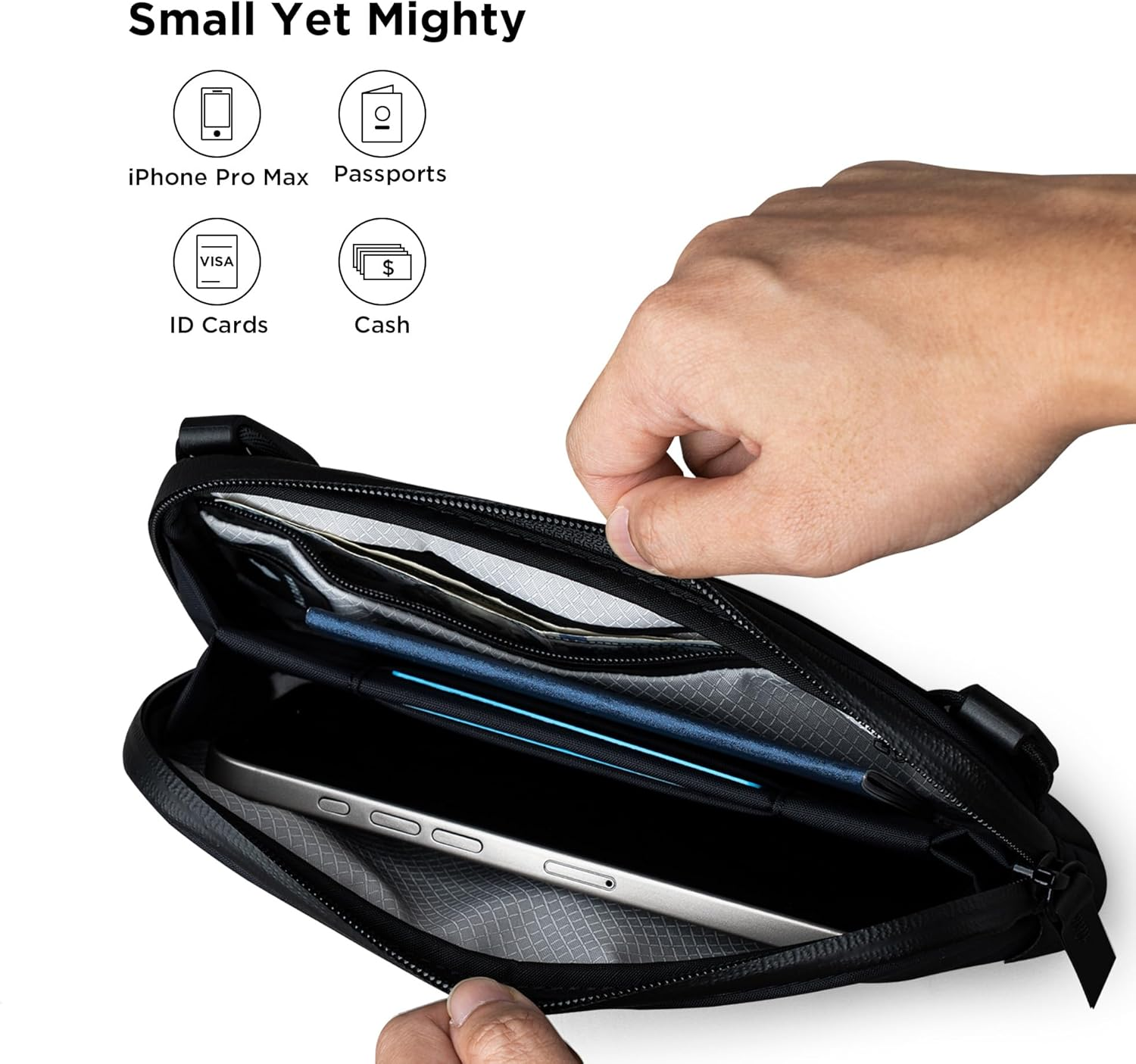 ALPAKA Flight Pouch - Mens Travel Bag Crossbody Phone Case, 0.3L Travel Purse for Men,Water-Resistant Fabric, Adjustable & Detachable Shoulder Strap, YKK Zipper,Travel Wallet Black - Black image number 6