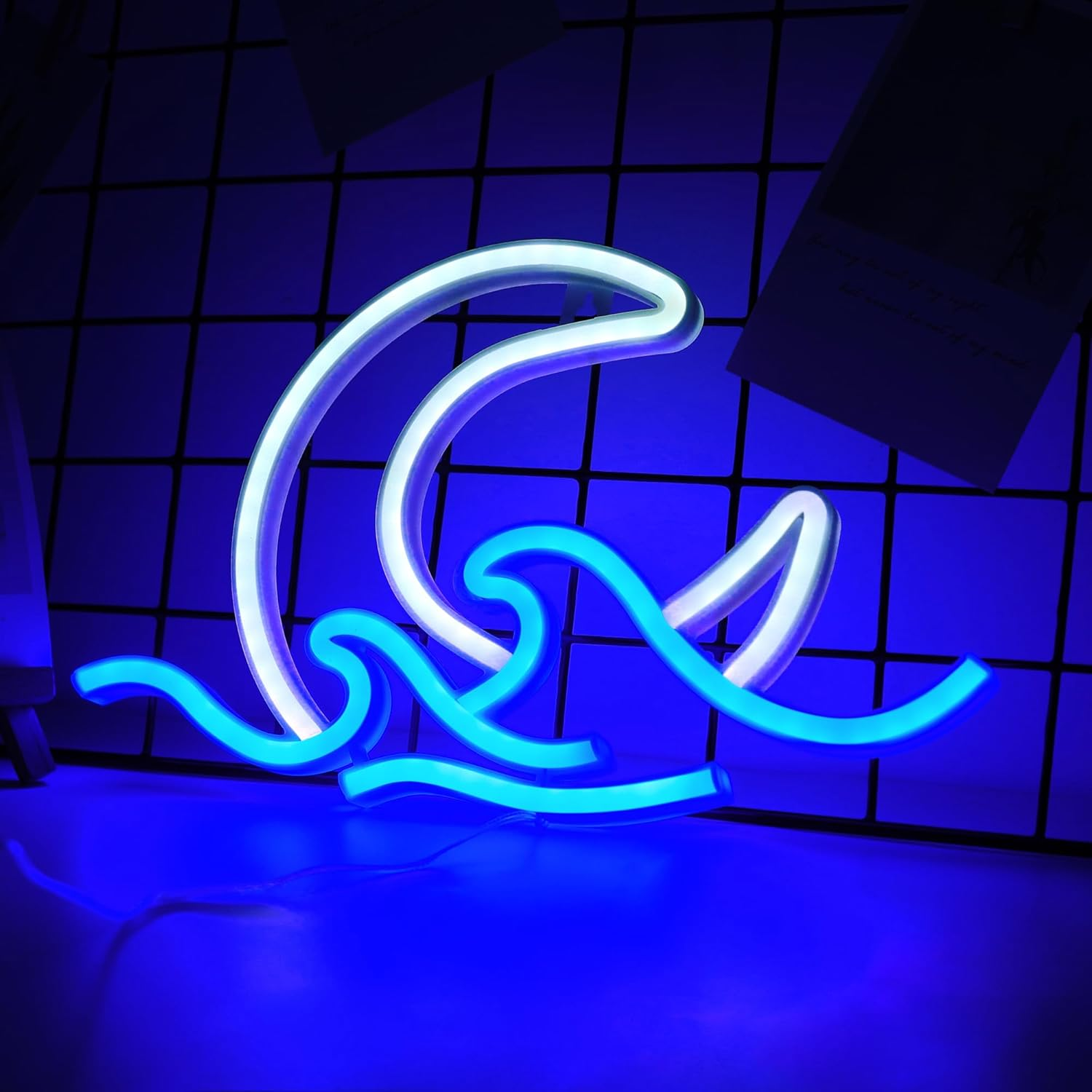 WIOSOUL Sunrise Sunset Neon Sign Moon over Sea Neon Light 11.6X7.1 Inch Twilight Wave LED Wall Signs for Room Decor Acrylic Neon Light Sign for Bedroom,Party, Living Room,Home Decor (Moon Waves) - Blue Finger image number 7