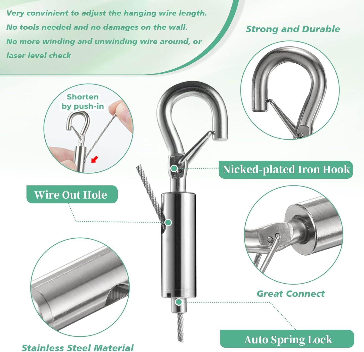 4 PCS Adjustable Picture Hanging Wire, Heavy Duty Stainless Steel Wire Rope Kit for Mirror Frames, Light Lamps, Billboards, Flowerpot &ndash; Durable Hanging Hardware for Home & Office (1.5Mmx2M) image number 3