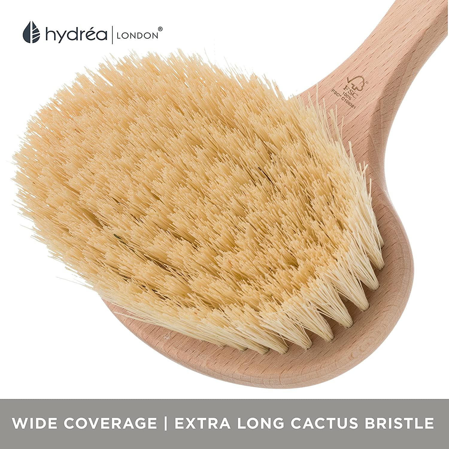 Hydrea London Professional Dry Skin Detox Body Brush with Extra Long Cactus Bristles (Hard Strength) FSC Beechwood, 167 Grams image number 1