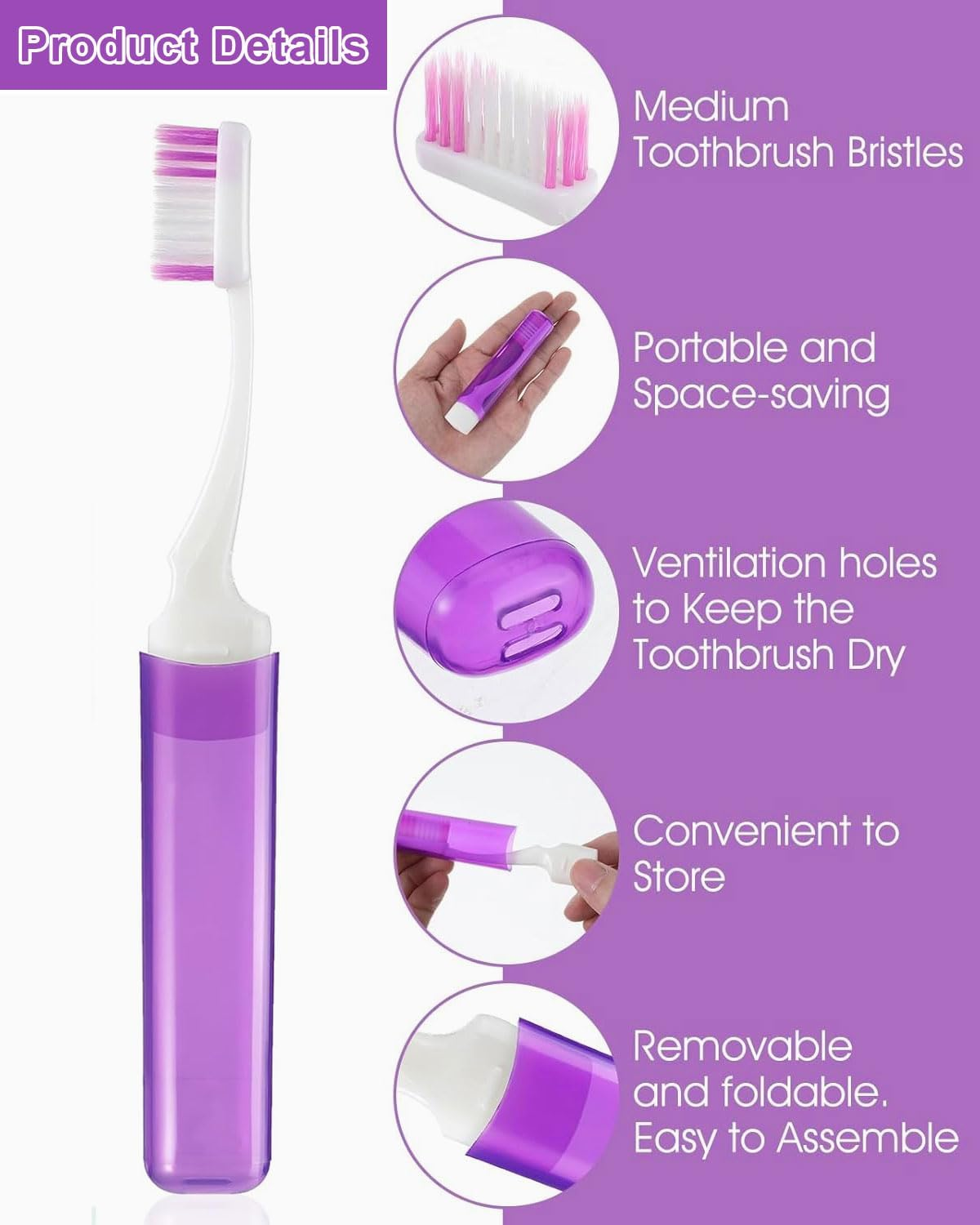 Pack of 4 Portable Travel Toothbrushes, Foldable Soft Toothbrush, Portable Travel Manual Toothbrushes for Adults, for Camping, School, Business Travel, Hiking image number 6