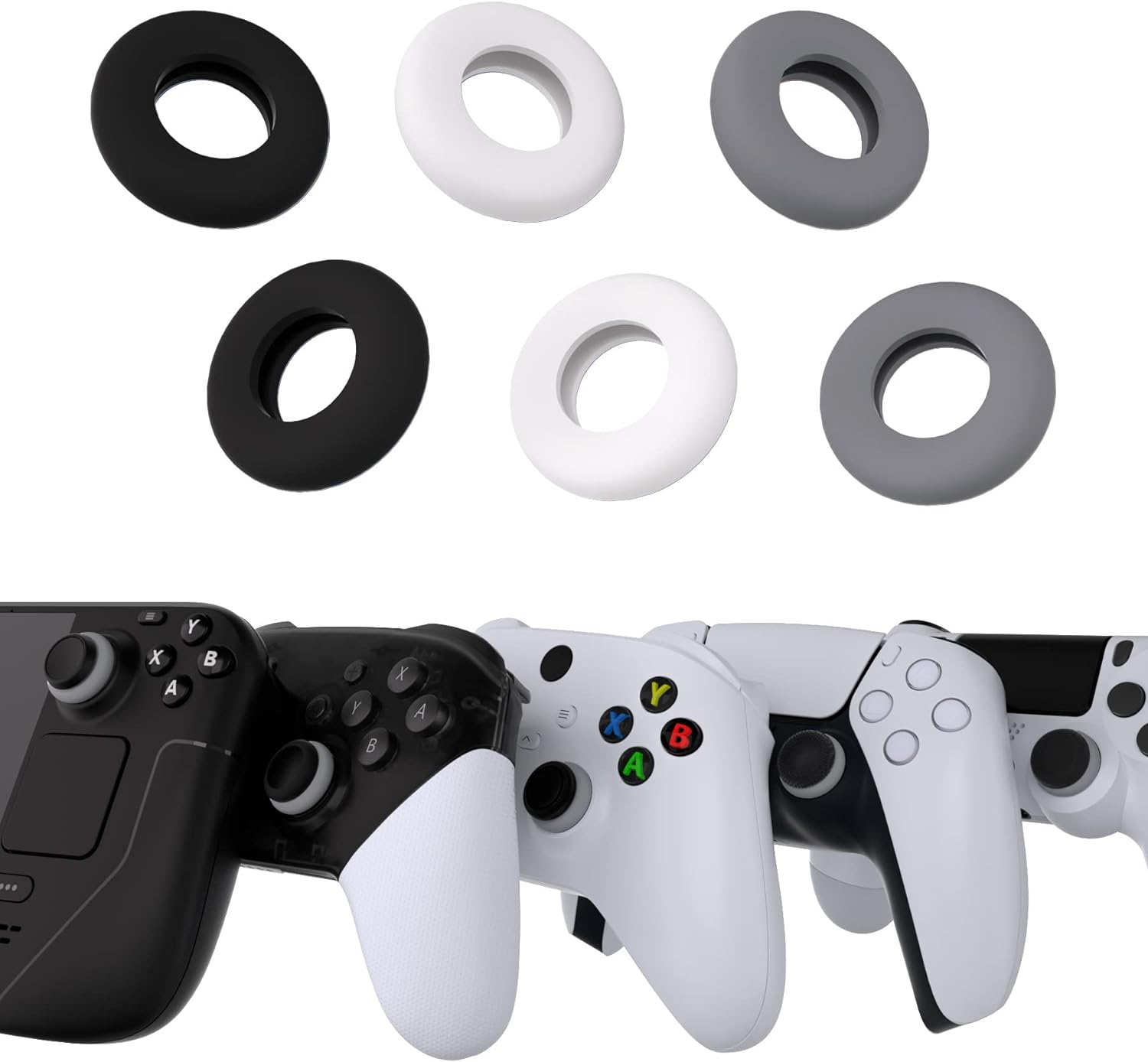 Playvital 3 Pairs Silicone Aim Assist Target Motion Control Precision Rings for PS5, for PS4, for Xbox Series X/S, Xbox One, Xbox 360, for Switch Pro, for Steam Deck - Gray & Black & White