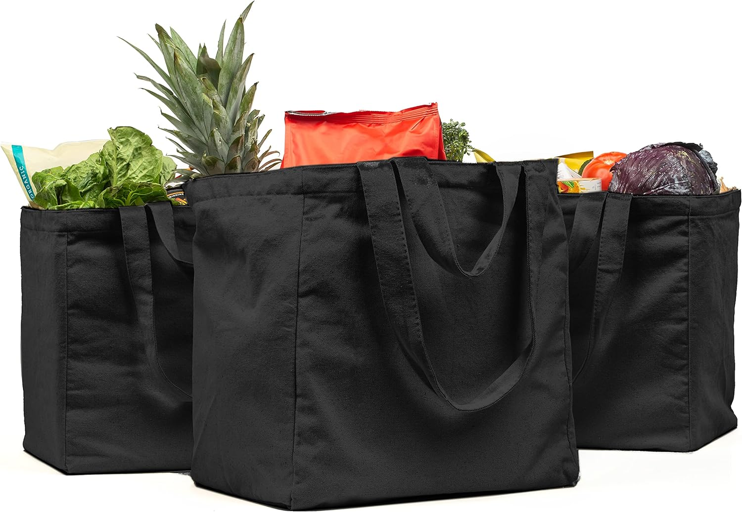 Veramia Canvas Grocery Bag 3Pc XL Set with Real Pockets, Long Shoulder Strap and Short Handle. Heavy Duty, Foldable, Washable