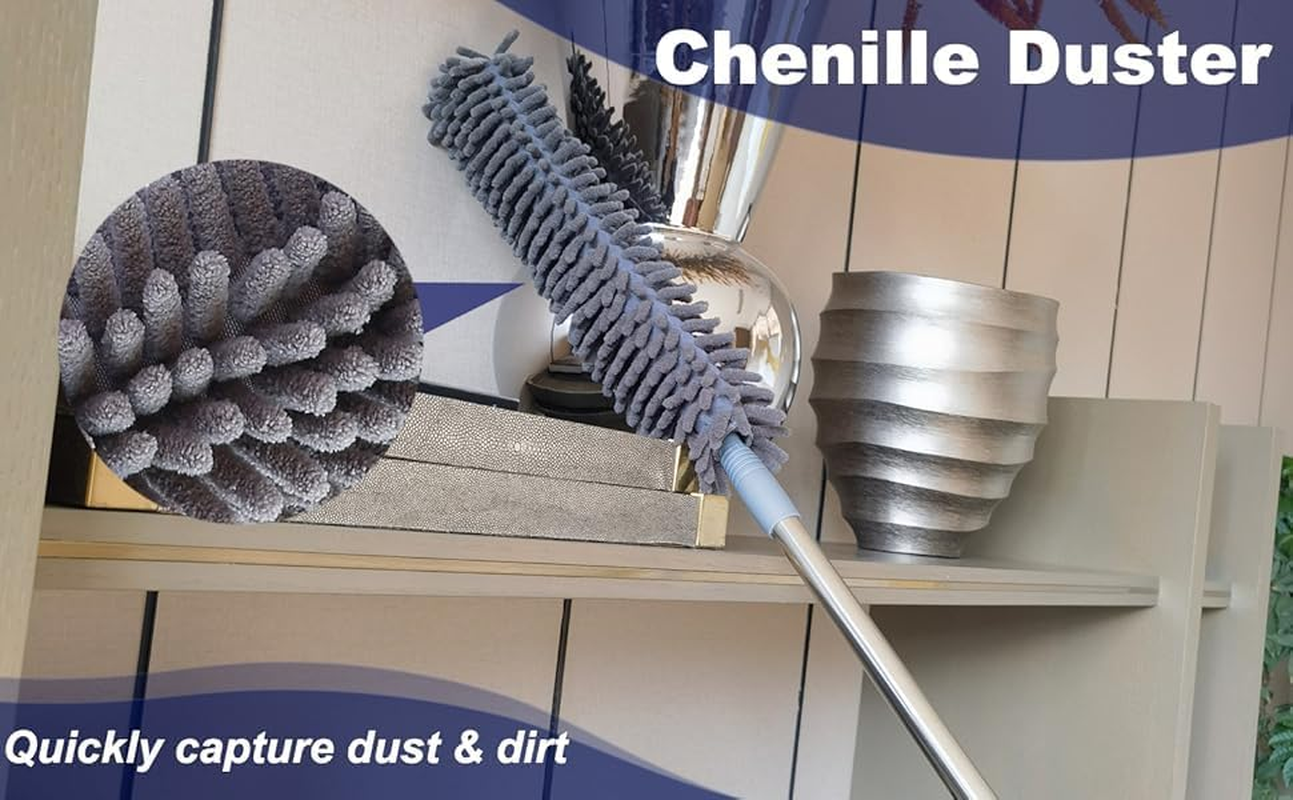 DIMBRAH Extendable Microfiber Duster Set with 4.3Meter Extension Pole, 3 Interchangeable Heads, High Ceiling Cobweb Cleaner for Indoor & Outdoor Use, Gray