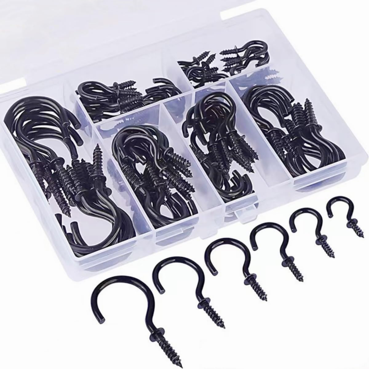 Greenlux 75Pc Black Metal Screw Hooks, Heavy Duty, Holds up to 35Lbs, Indoor/Outdoor, Wall Mount, Decorative Black, for Hanging Mugs, Lamps, Curtains, Etc.