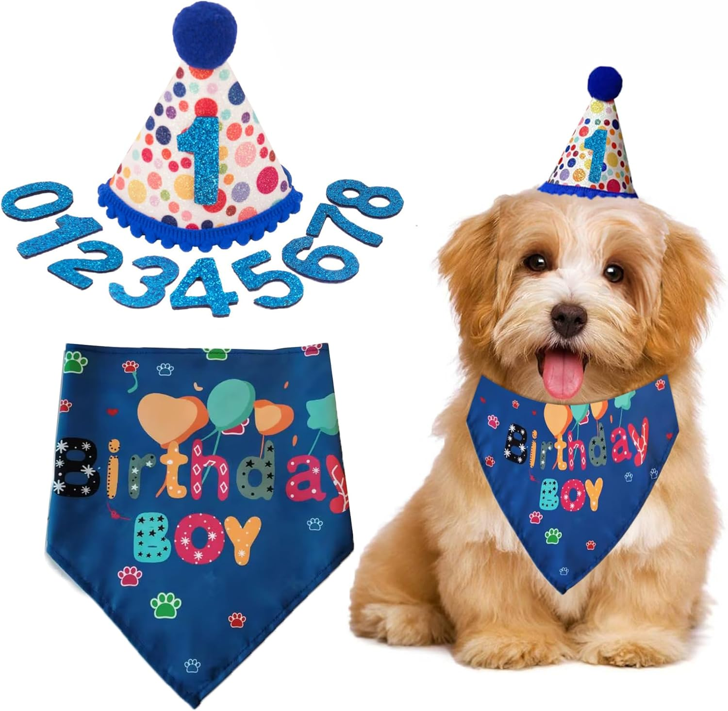 Colorful Pet Dog Cat Birthday Party Hat Set, Polka Dots, Pom-Pom, Bandana image number 1